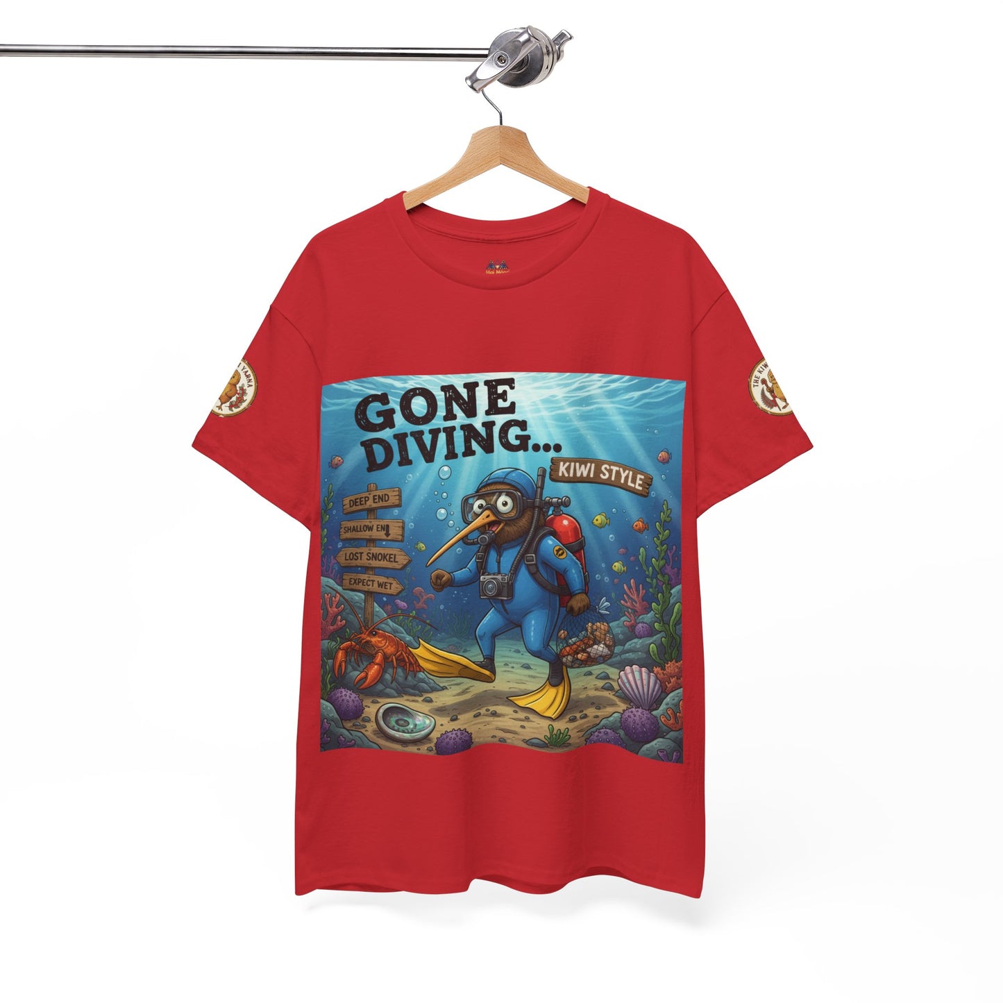 Red short-sleeve graphic T-shirt with “Gone Diving” ocean diver artwork