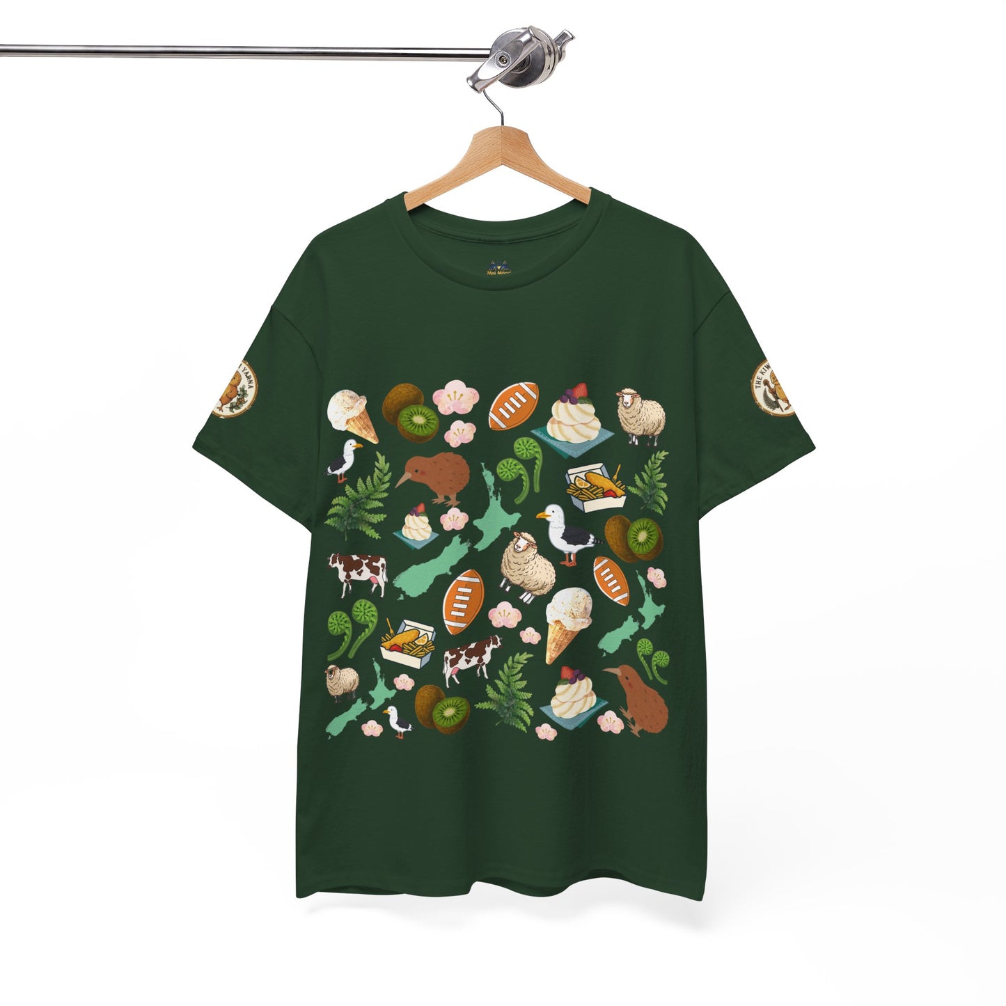 Dark green crew-neck short-sleeve T-shirt with colorful collage graphic and printed sleeve badges