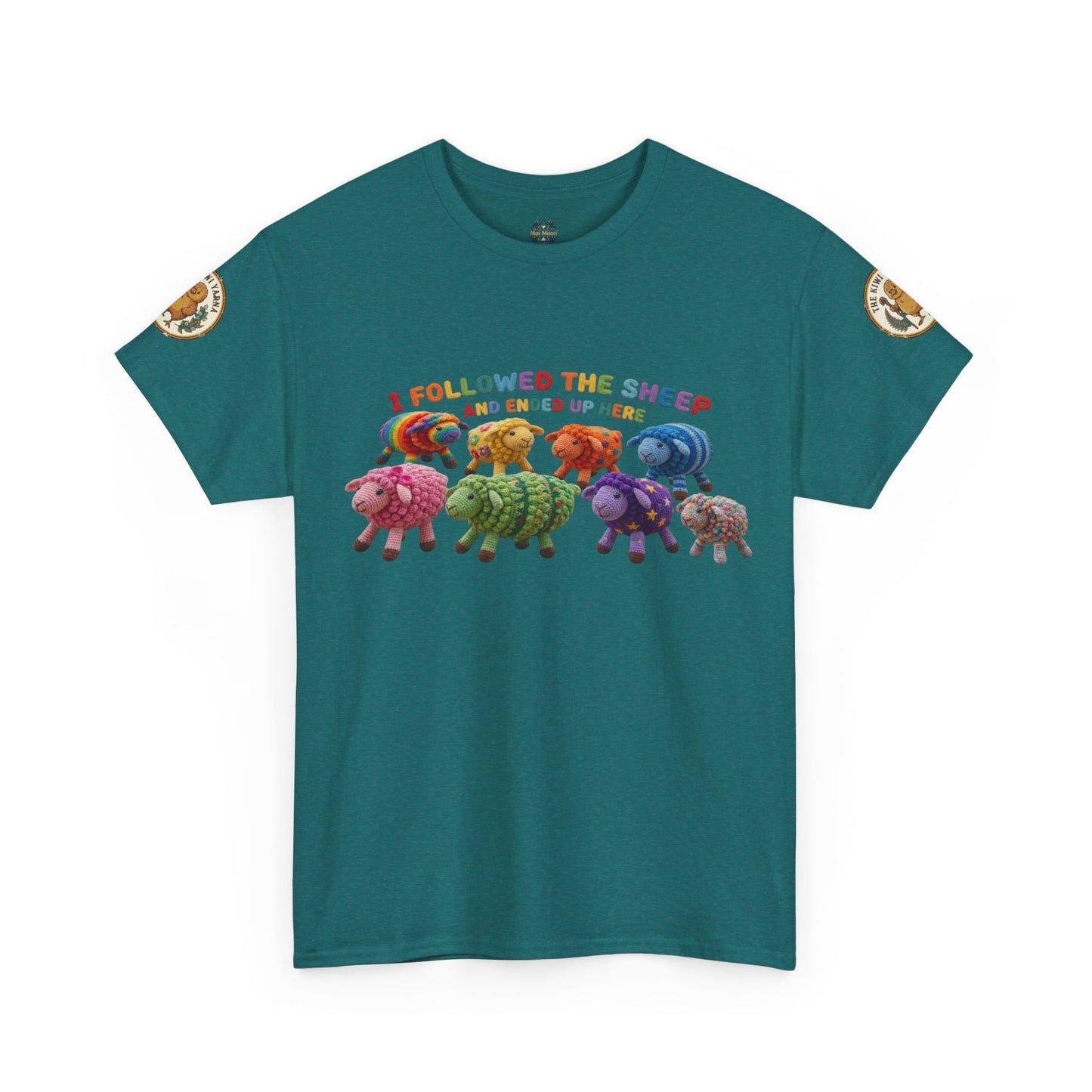 Teal short-sleeve T-shirt with colorful sheep graphic and small sleeve patch accents