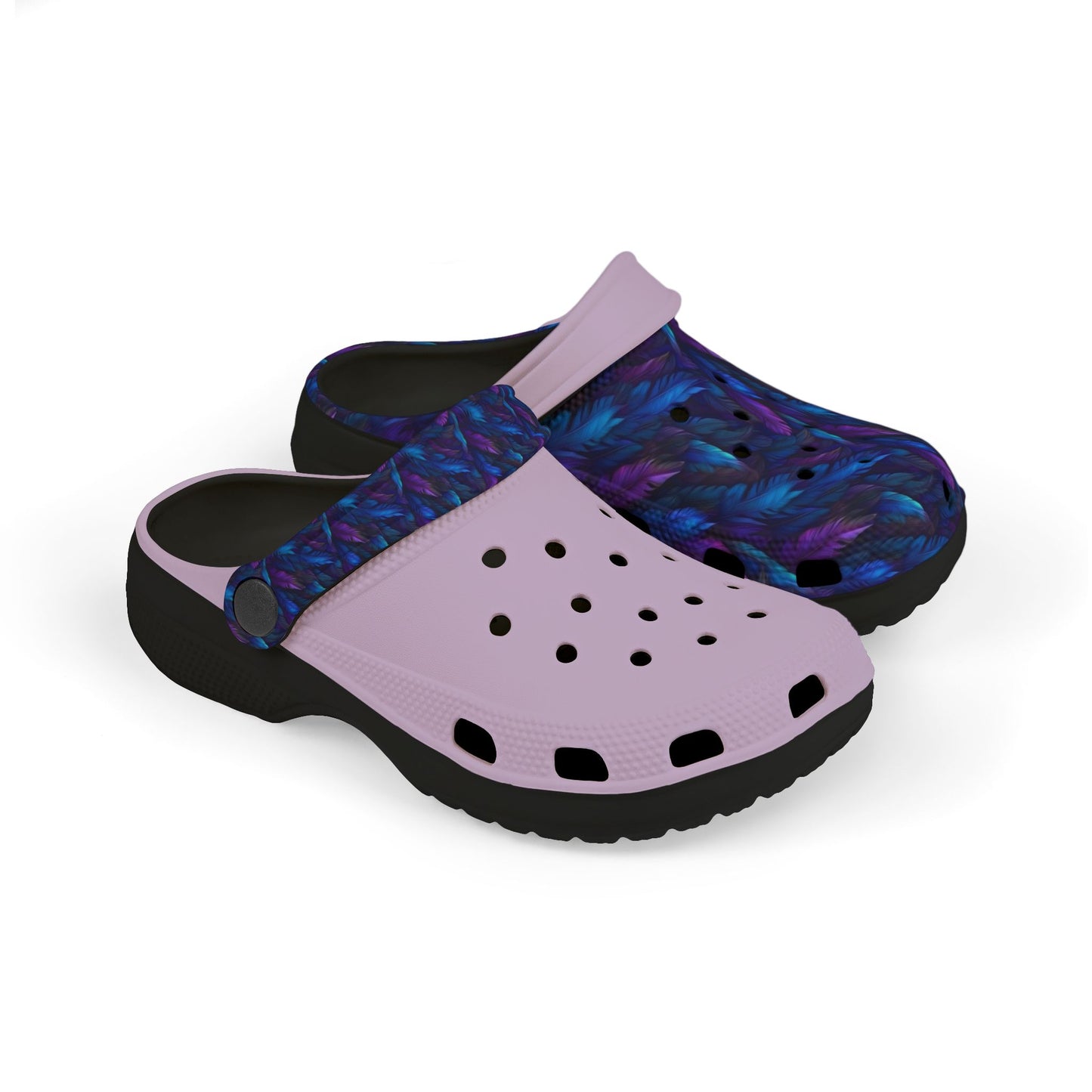 Slip-on clog with lavender upper and dark blue pattern, black outsole, perforated toe holes