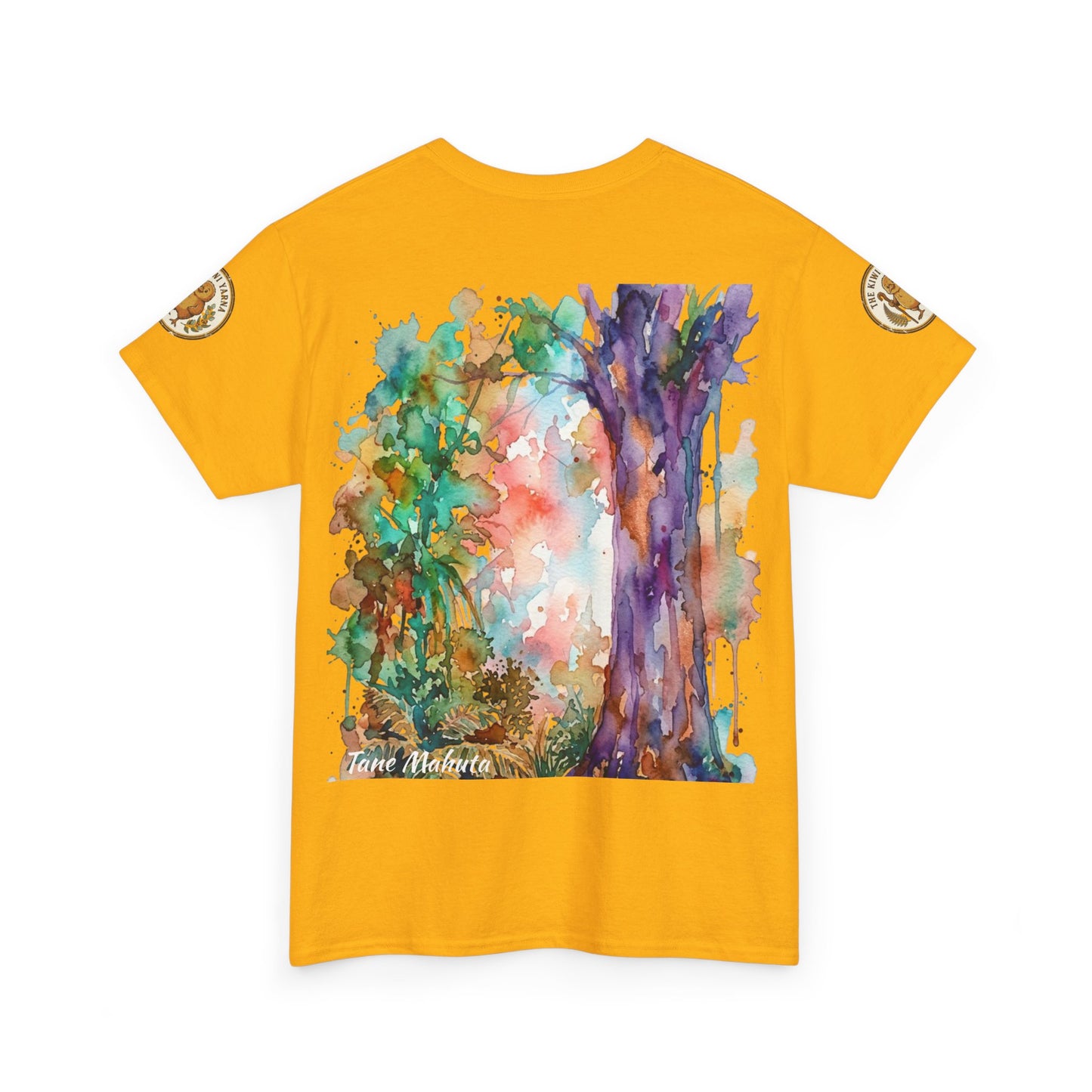 Yellow T-shirt with watercolor trees graphic on front