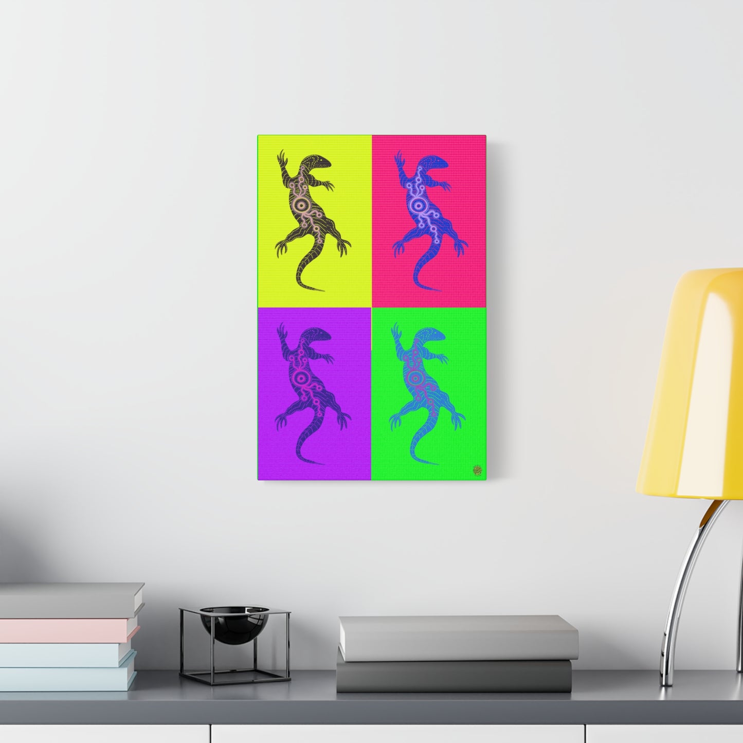 Neon lizard pop-art wall art panel set with four bold color blocks