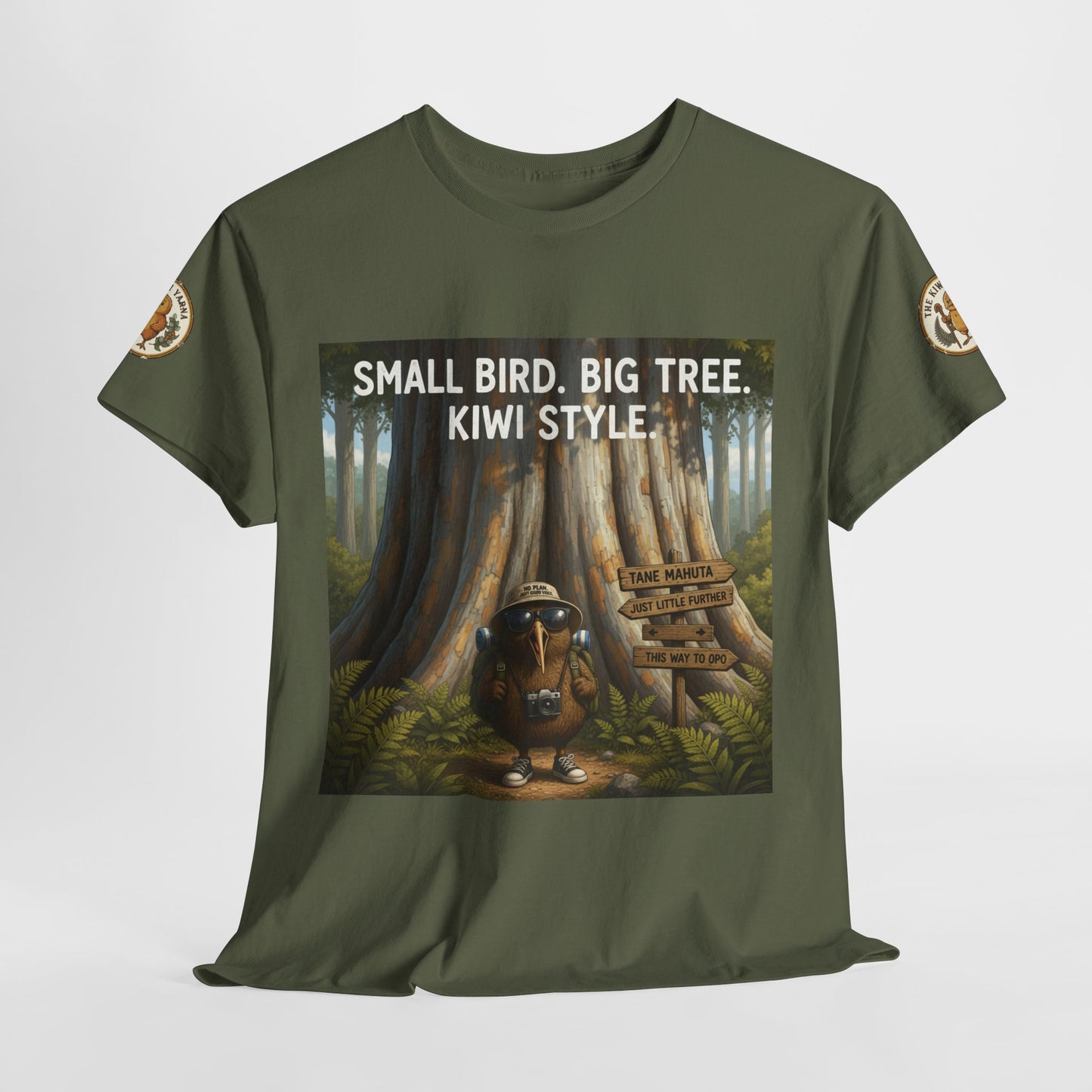 Forest green short-sleeve graphic T-shirt with forest scene and “Kiwi Style” text