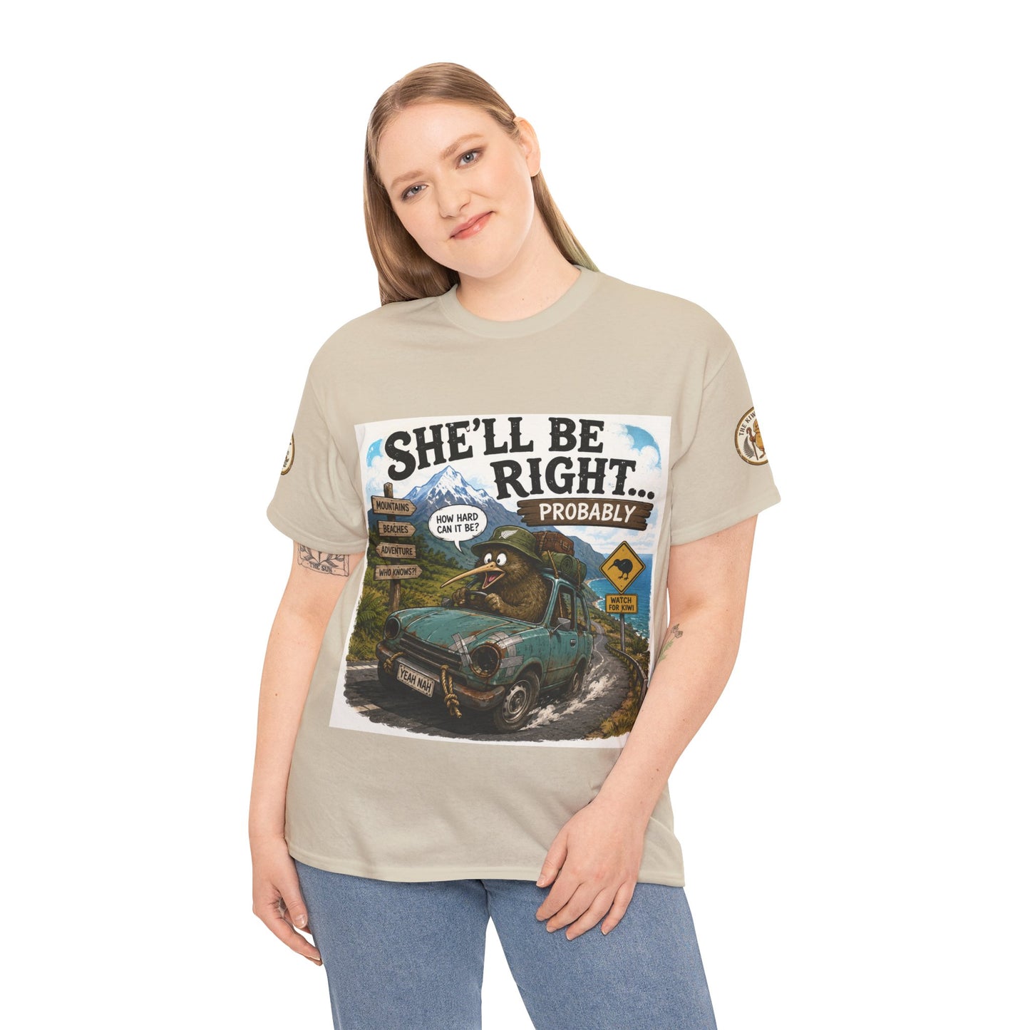 Cream graphic T-shirt on model with front car and adventure text print