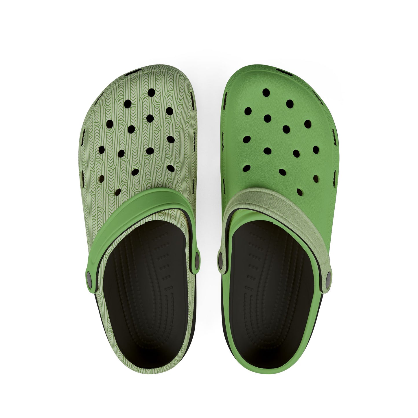 Maoritanga slip-on clogs, green upper with dotted pattern, perforated design, white lining