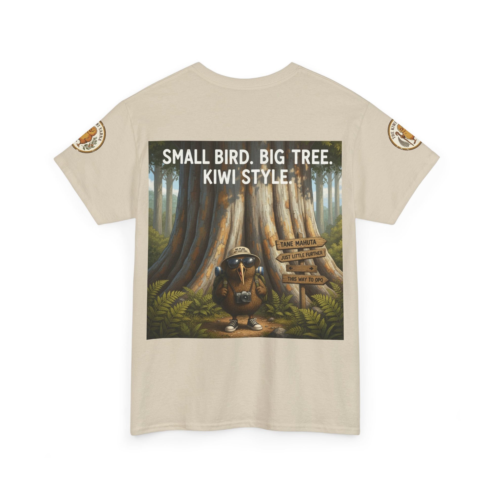 Beige short-sleeve T-shirt with forest scene graphic and 'Kiwi Style' text