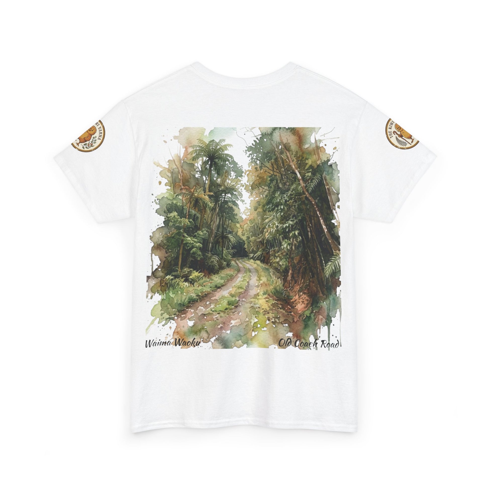 White T-shirt with forest road landscape print and small circular logo patches on sleeves