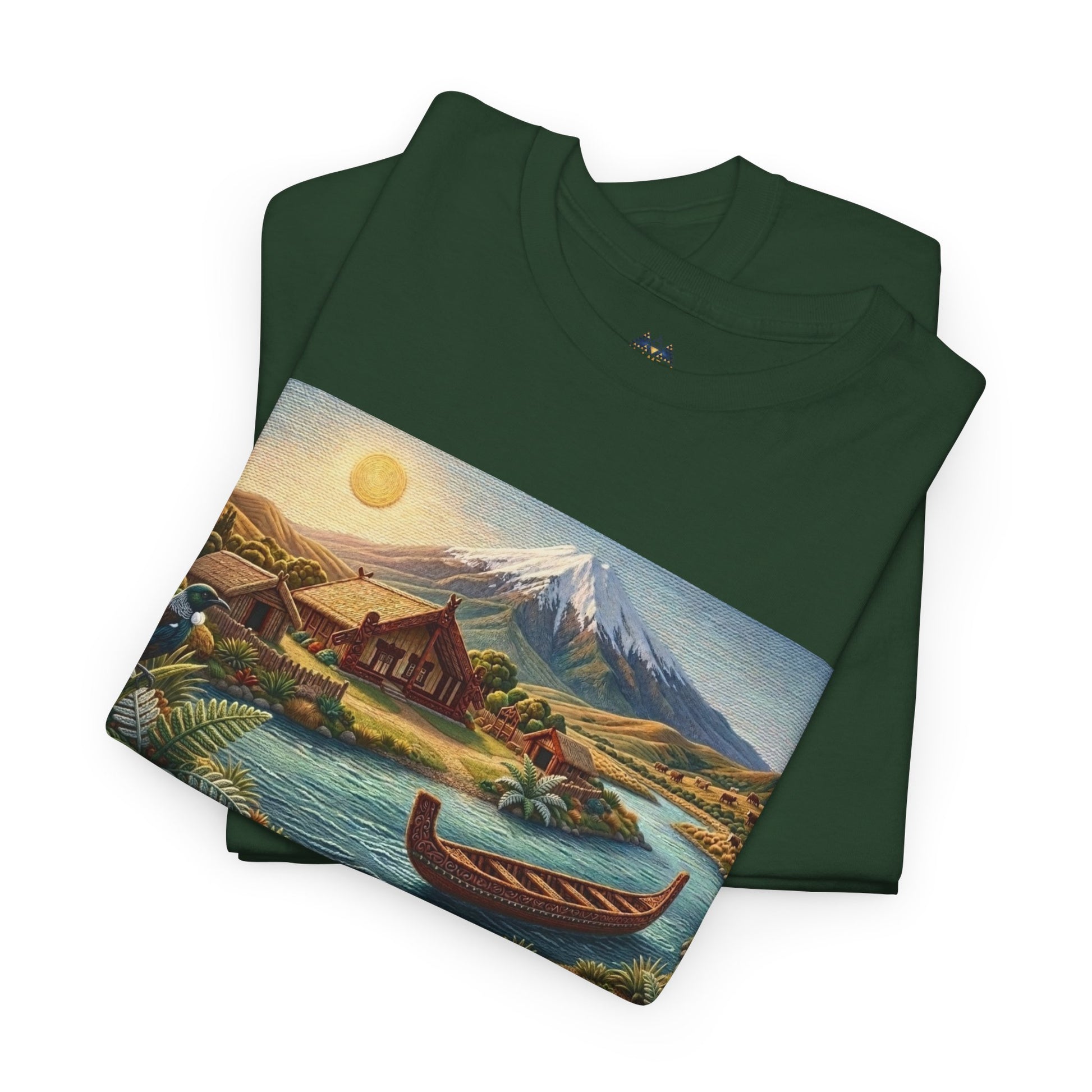 Dark green T-shirt with front landscape print and small chest logo