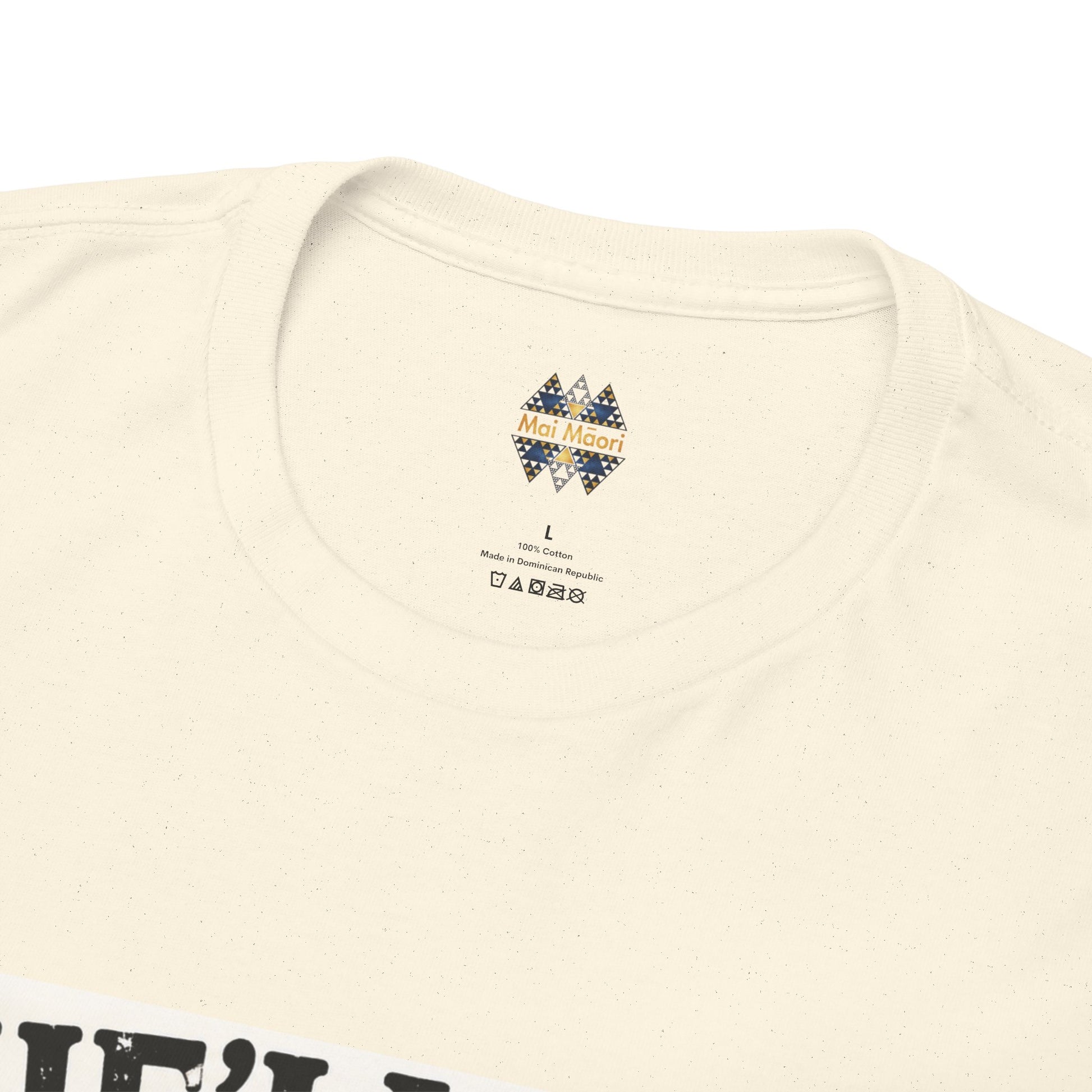 Light beige T-shirt back neck close-up with small logo and size label