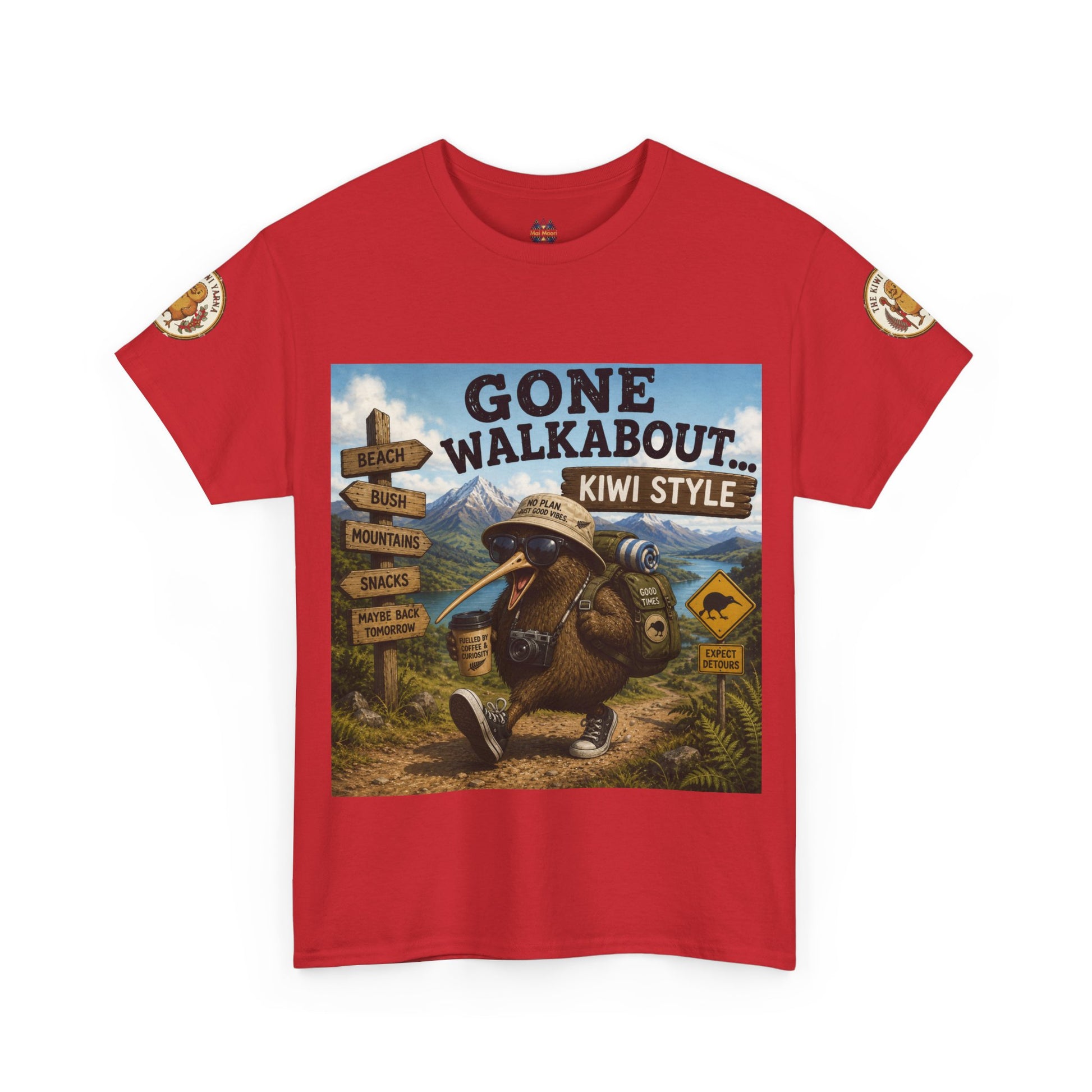 Red crew-neck T-shirt with large kiwi adventure graphic on the front