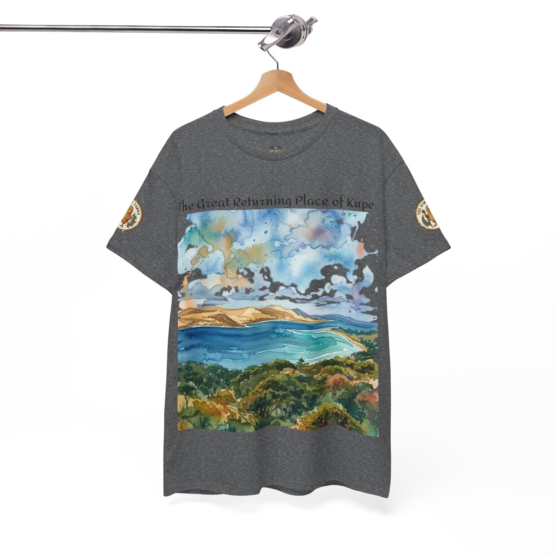 Dark heather short-sleeve T-shirt on hanger with watercolor landscape graphic