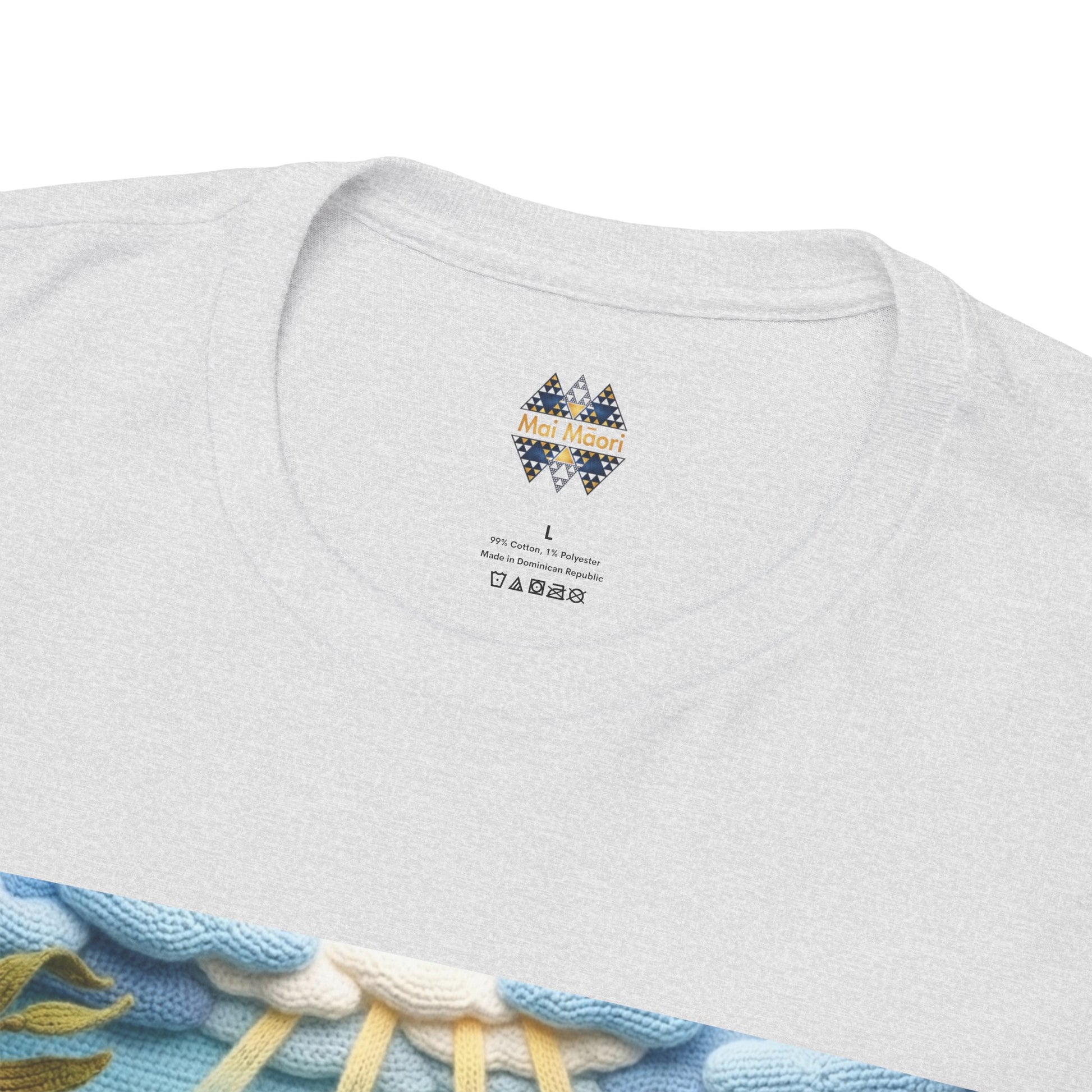 Light gray T-shirt back neckline with small multicolor logo