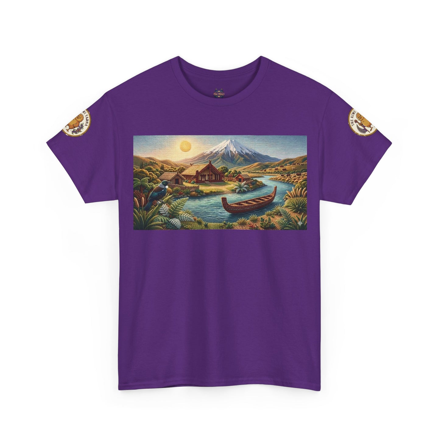 Purple graphic T-shirt with landscape print and small sleeve patches