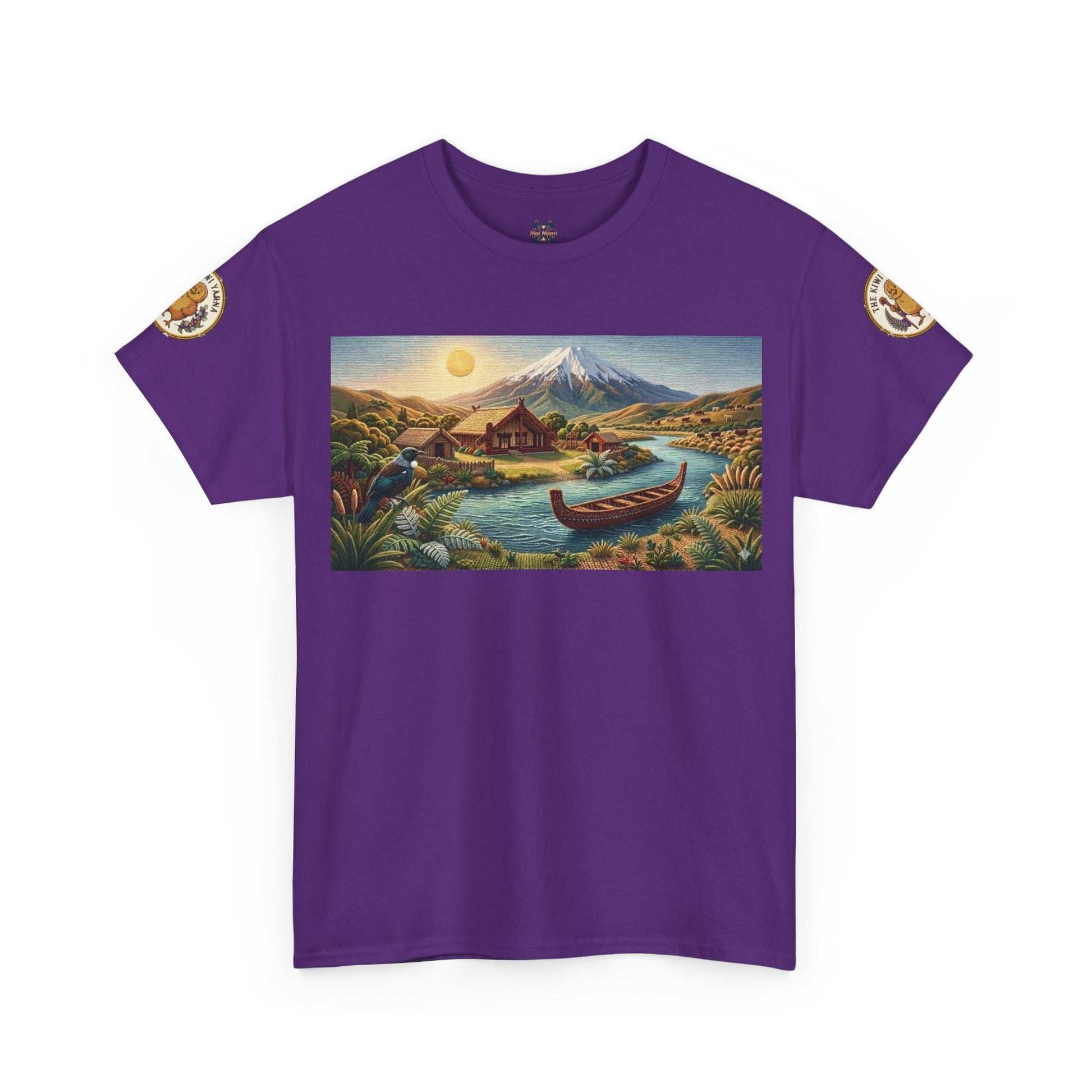 Purple graphic T-shirt with landscape print and small sleeve patches