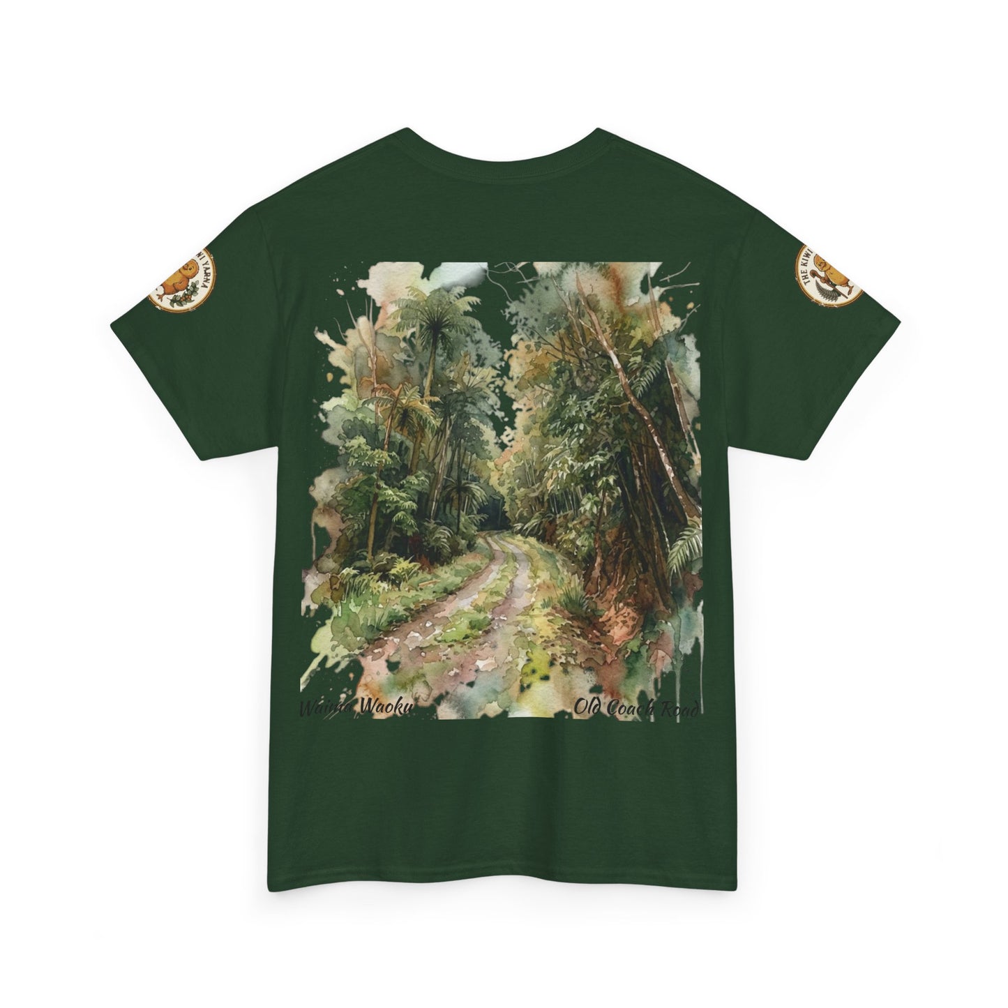 Dark green graphic T-shirt with scenic landscape print on the front