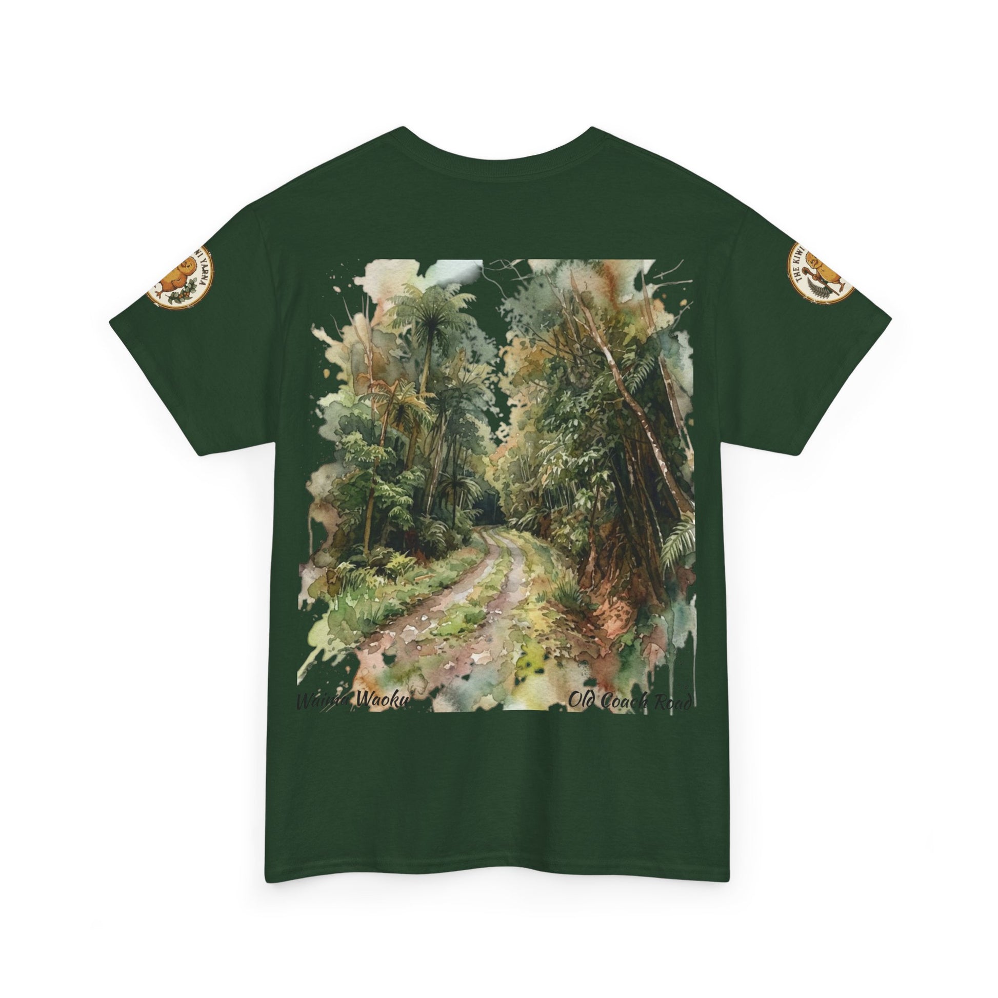 Dark green graphic T-shirt with scenic landscape print on the front