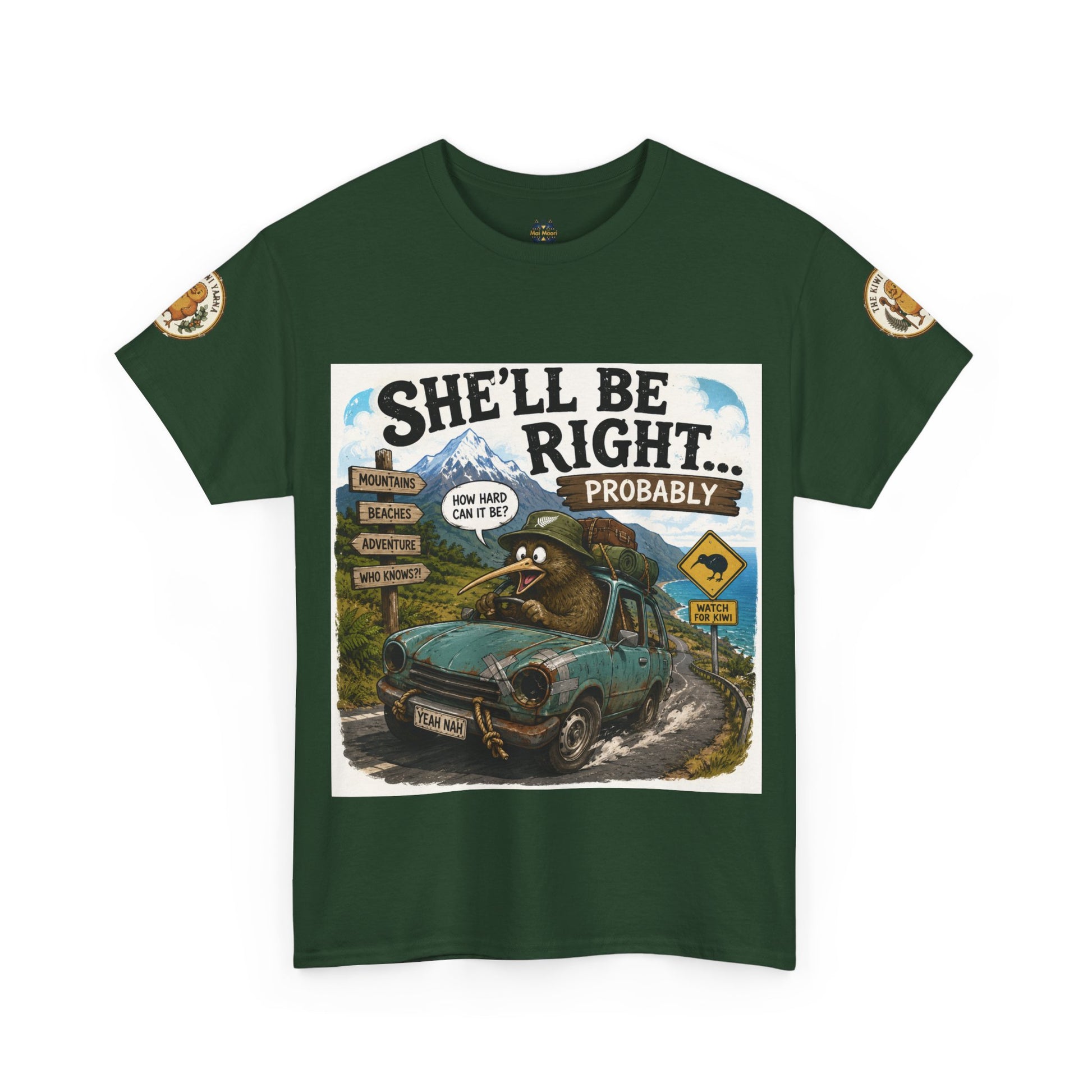 Dark green graphic T-shirt with front print and round sleeve logo patches.