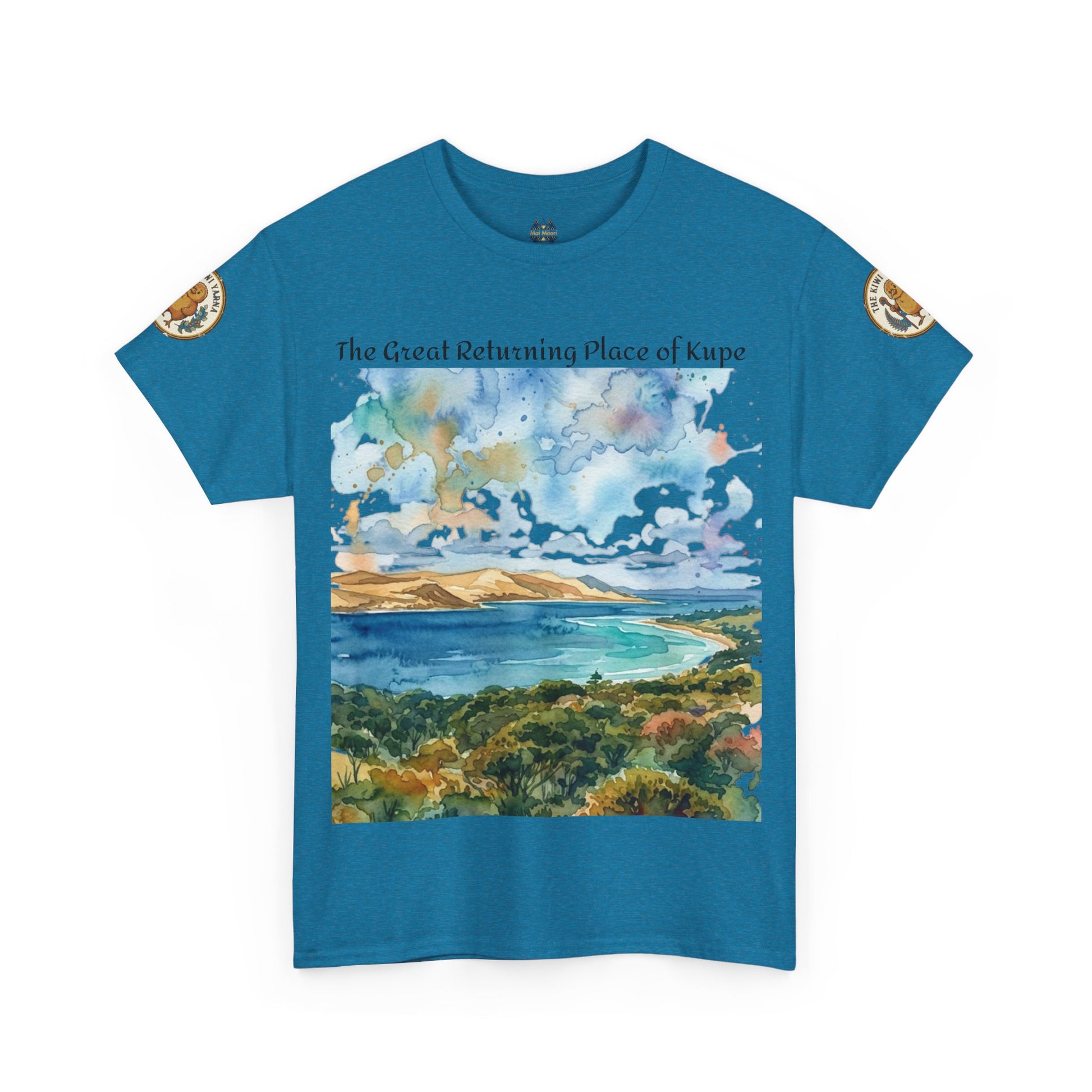 Blue crewneck T-shirt with landscape print and gold sleeve patches, front view.