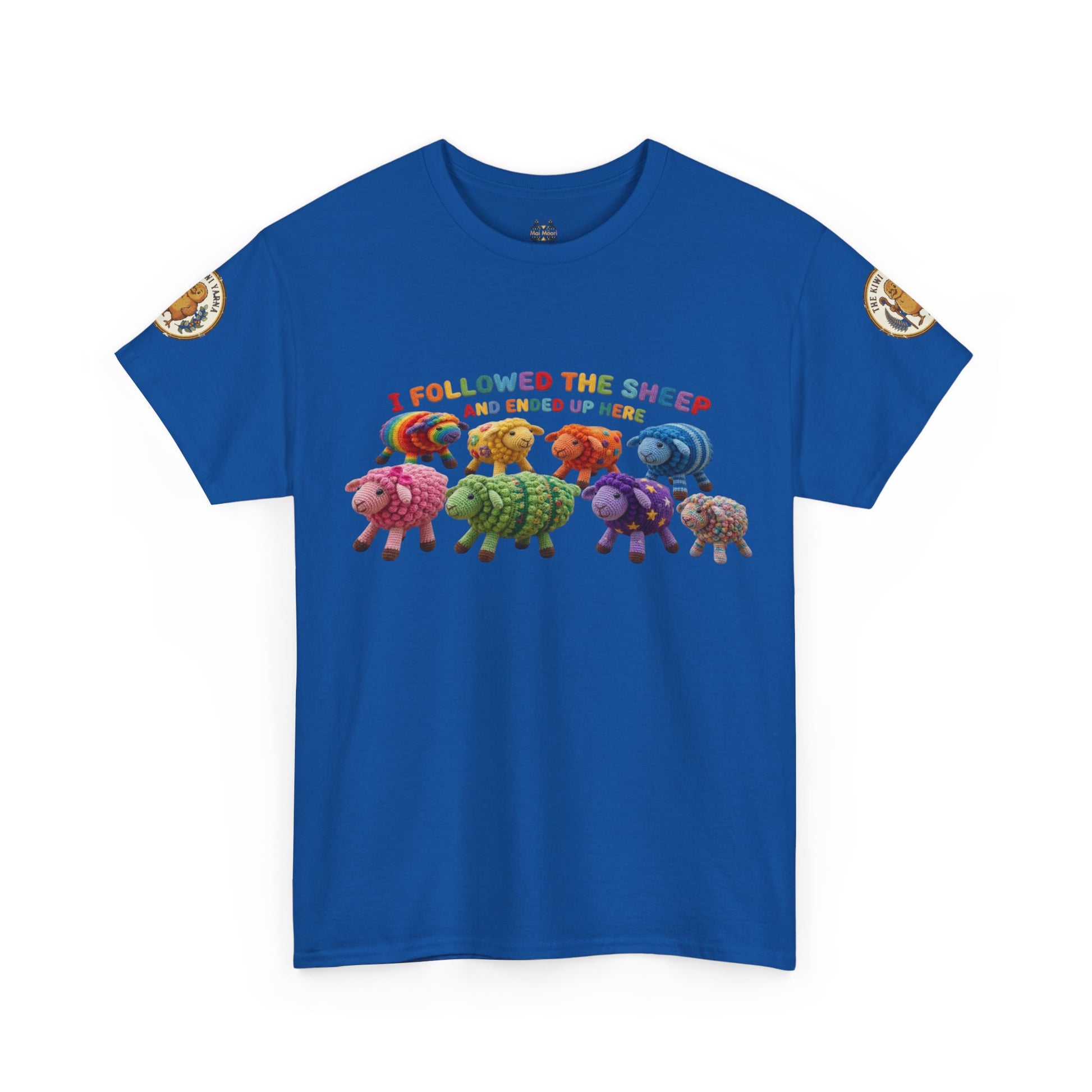 Royal blue short-sleeve T-shirt with colorful sheep graphic and small sleeve patch accents
