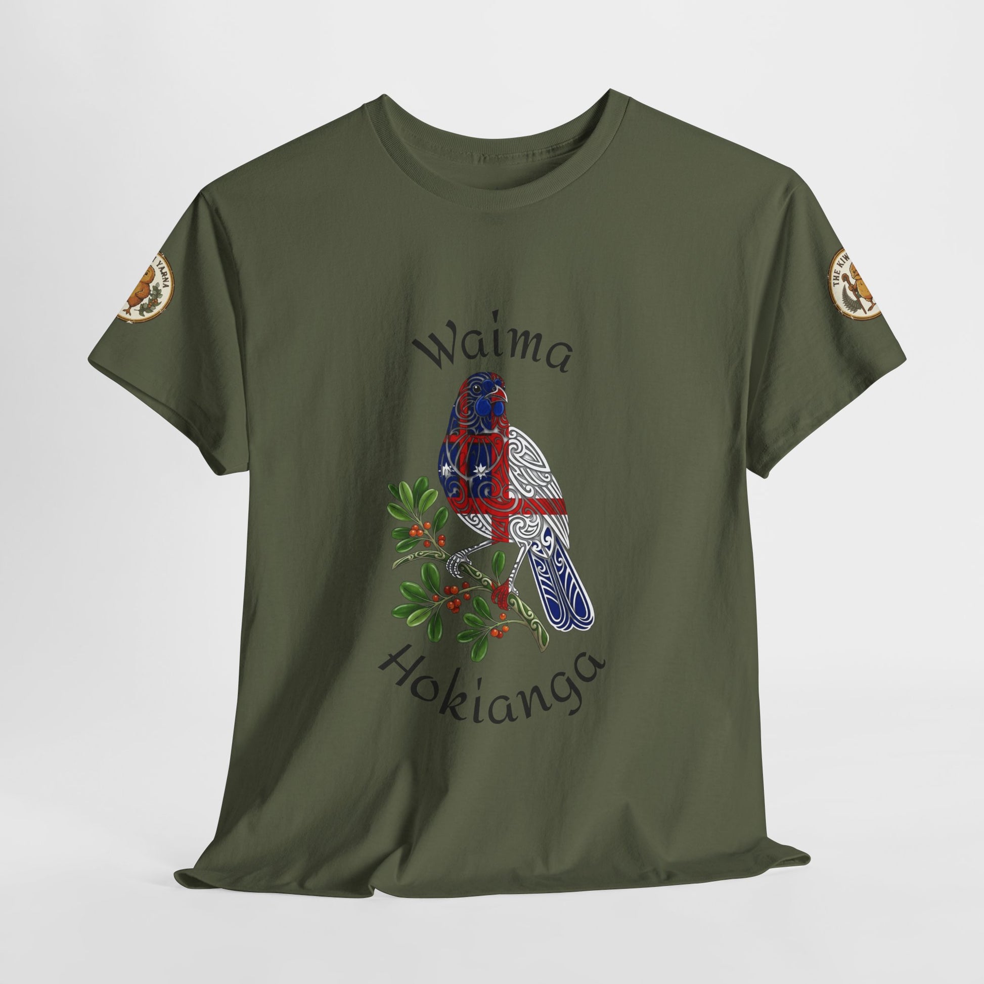 Olive green graphic T-shirt with blue bird and flowers front print