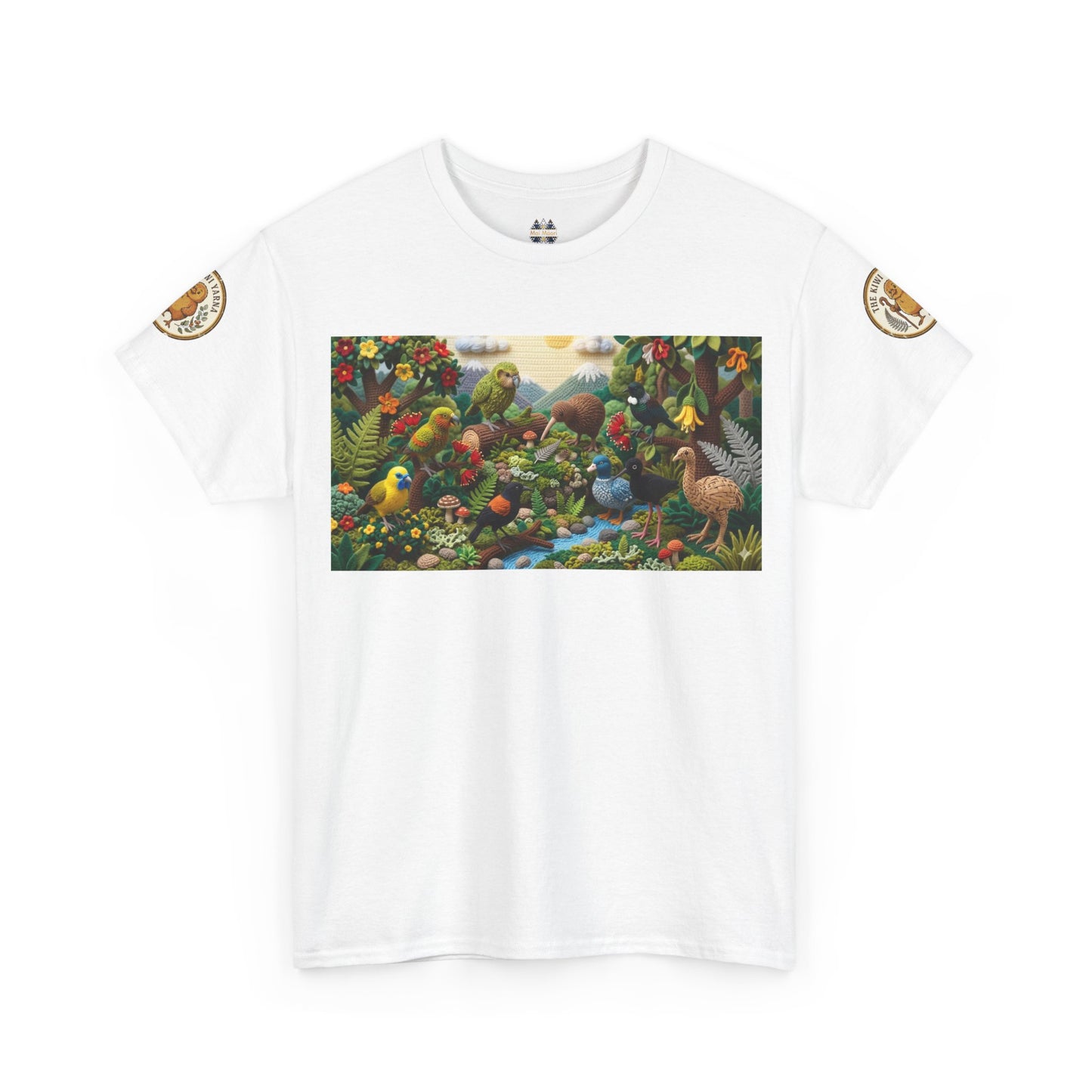 White crewneck T-shirt with wildlife bird graphic and circular sleeve logo patches