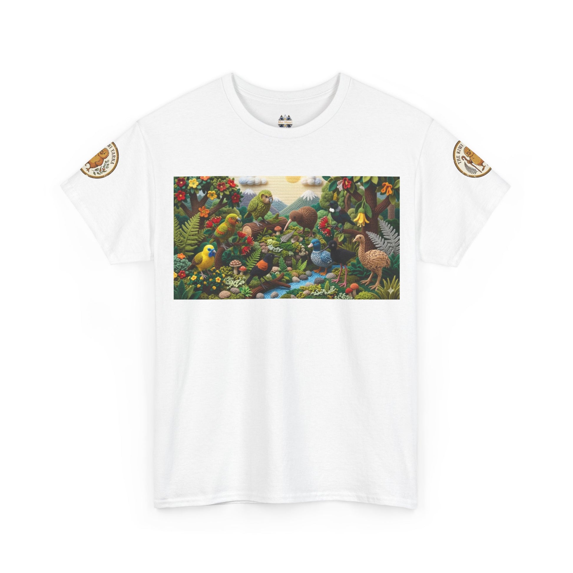 White crewneck T-shirt with wildlife bird graphic and circular sleeve logo patches