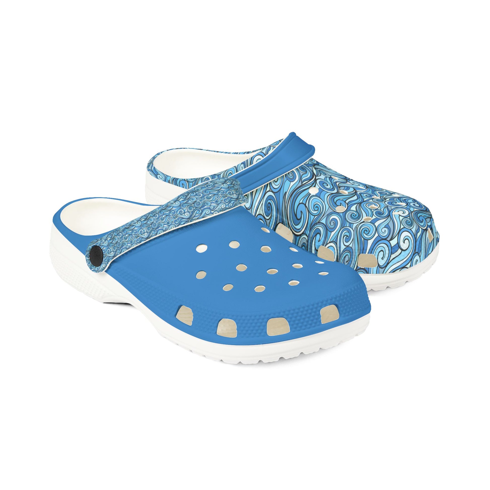 Blue patterned slip-on clog sandal with perforated toe and wide strap