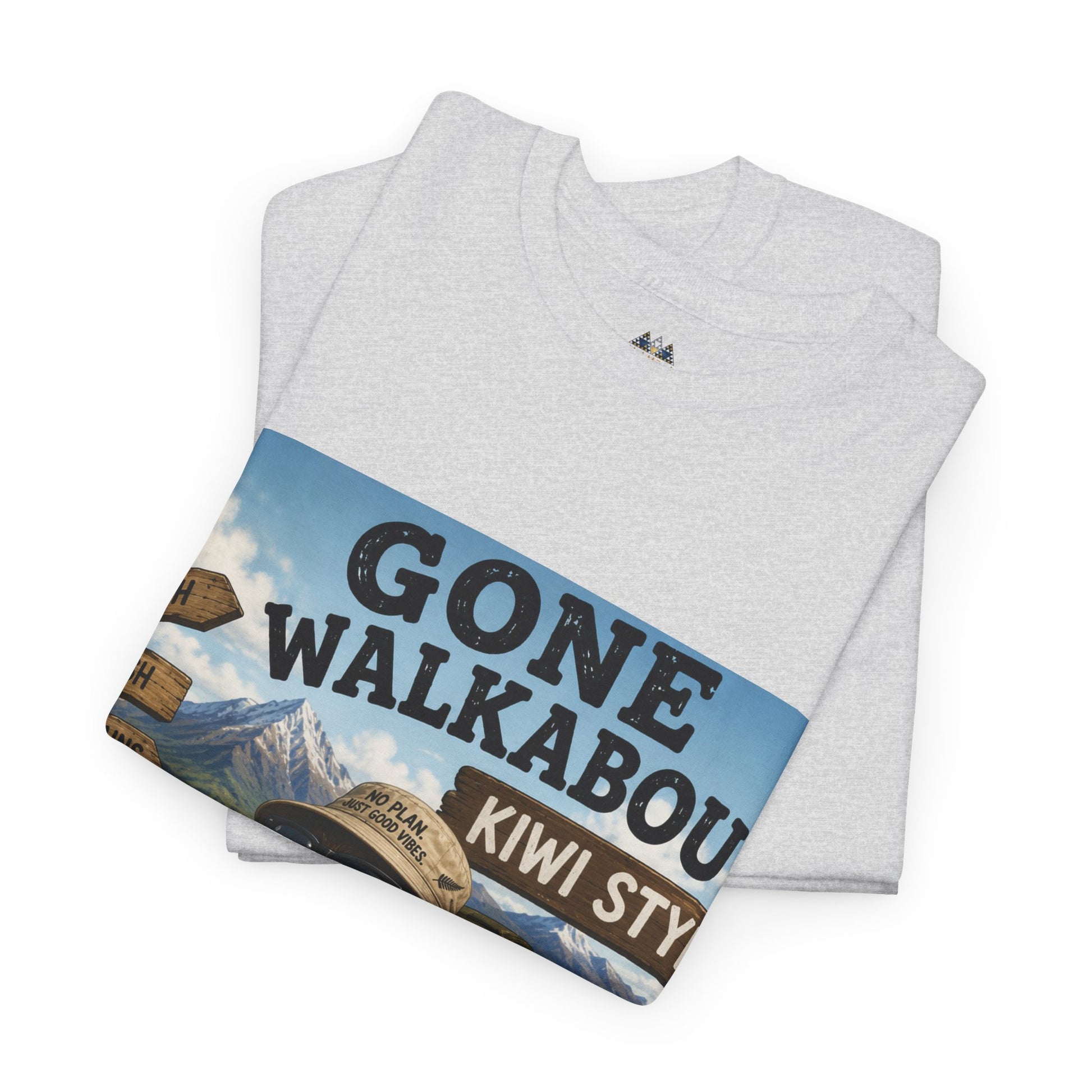 Heather grey folded T-shirt with large “Gone Walkabout Kiwi Style” graphic print
