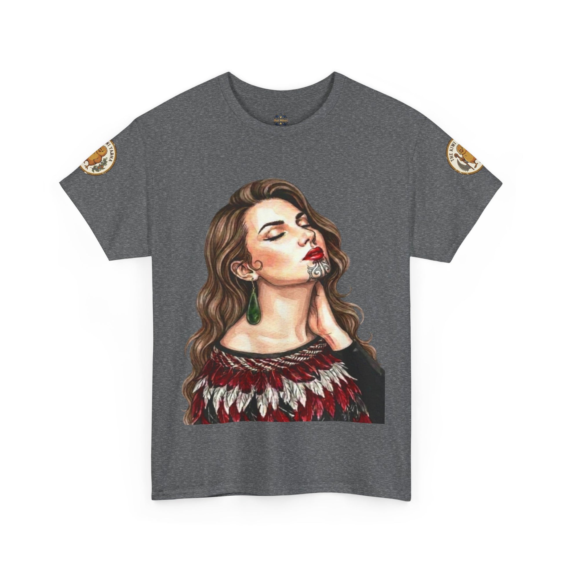 Graphite heather T-shirt with portrait graphic and gold sleeve patch details.