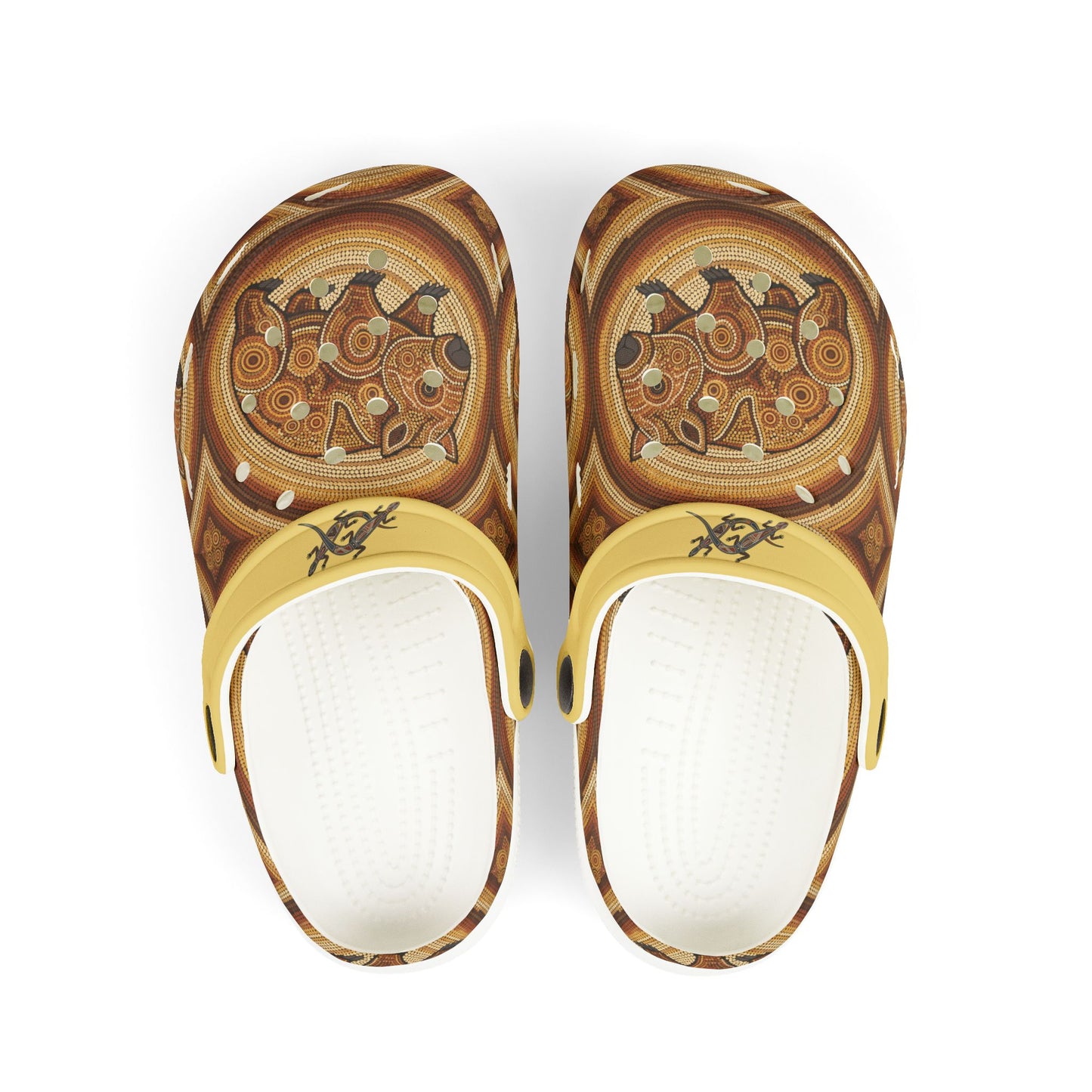 Patterned slip-on casual clogs with yellow strap and light footbed, front view.