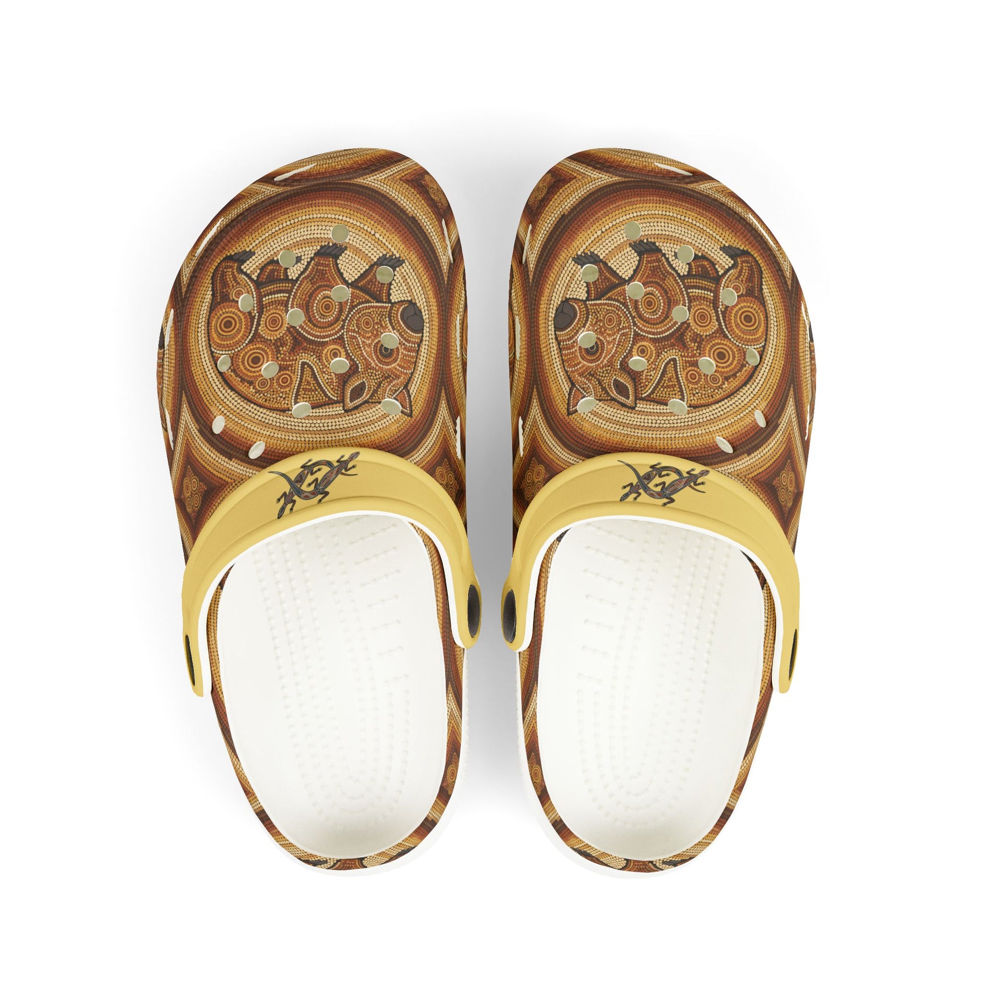 Patterned slip-on casual clogs with yellow strap and light footbed, front view.