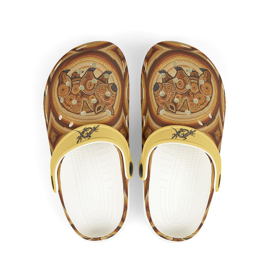 Patterned slip-on casual clogs with yellow strap and light footbed, front view.
