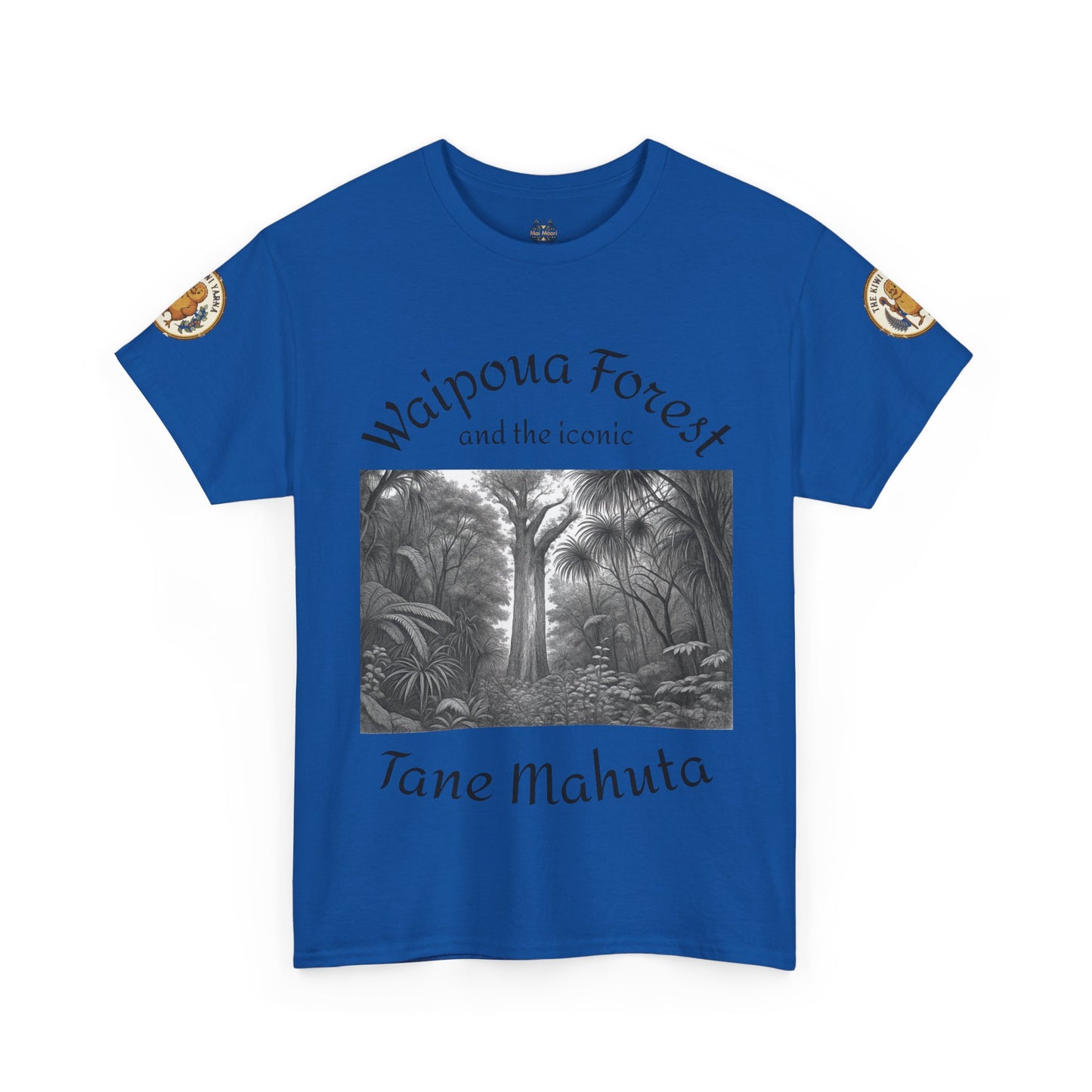 Royal blue T-shirt with front forest graphic and sleeve patches, crew neck.