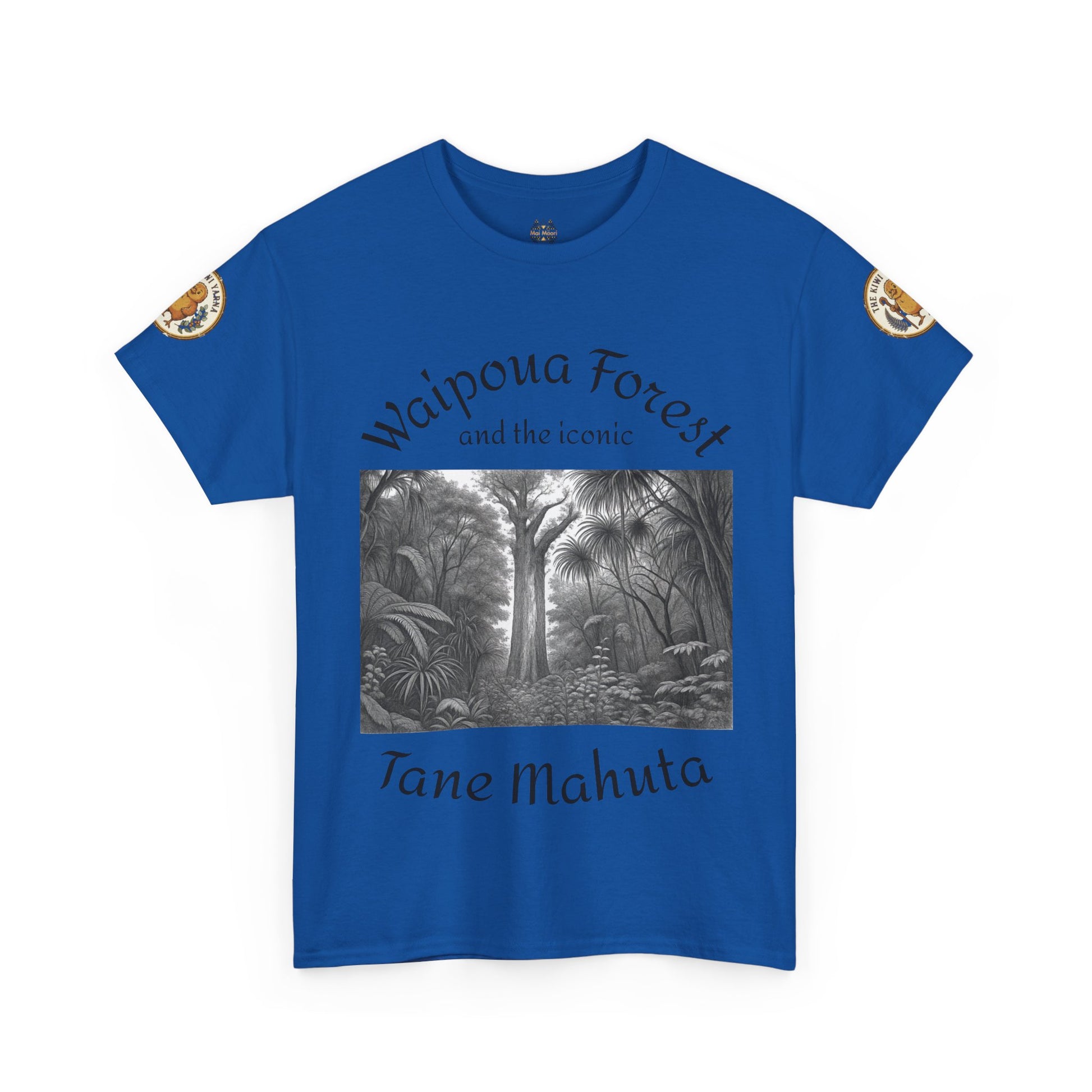 Royal blue T-shirt with front forest graphic and sleeve patches, crew neck.