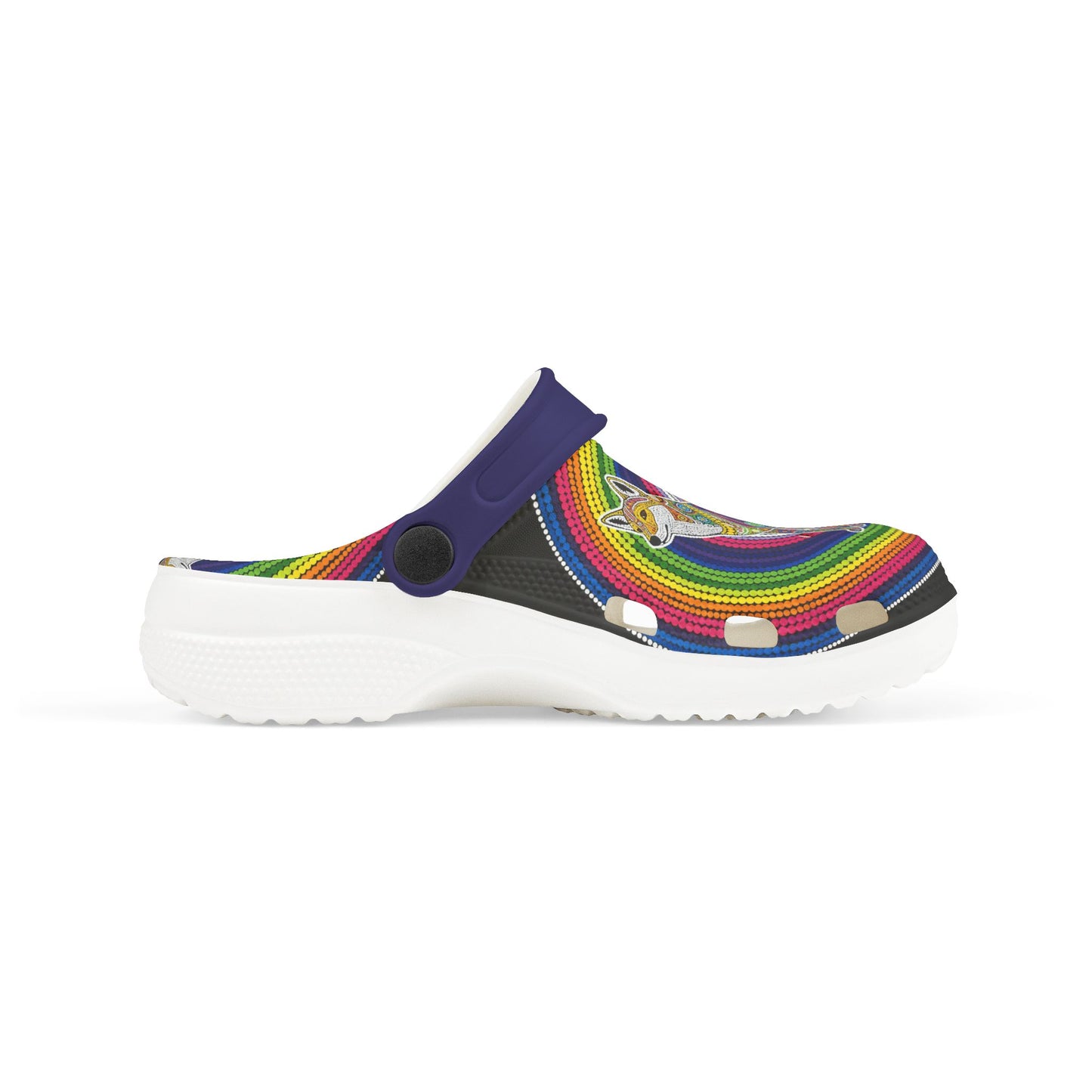 Navy slide-on clog shoe with rainbow dingo artwork, white sole and side strap