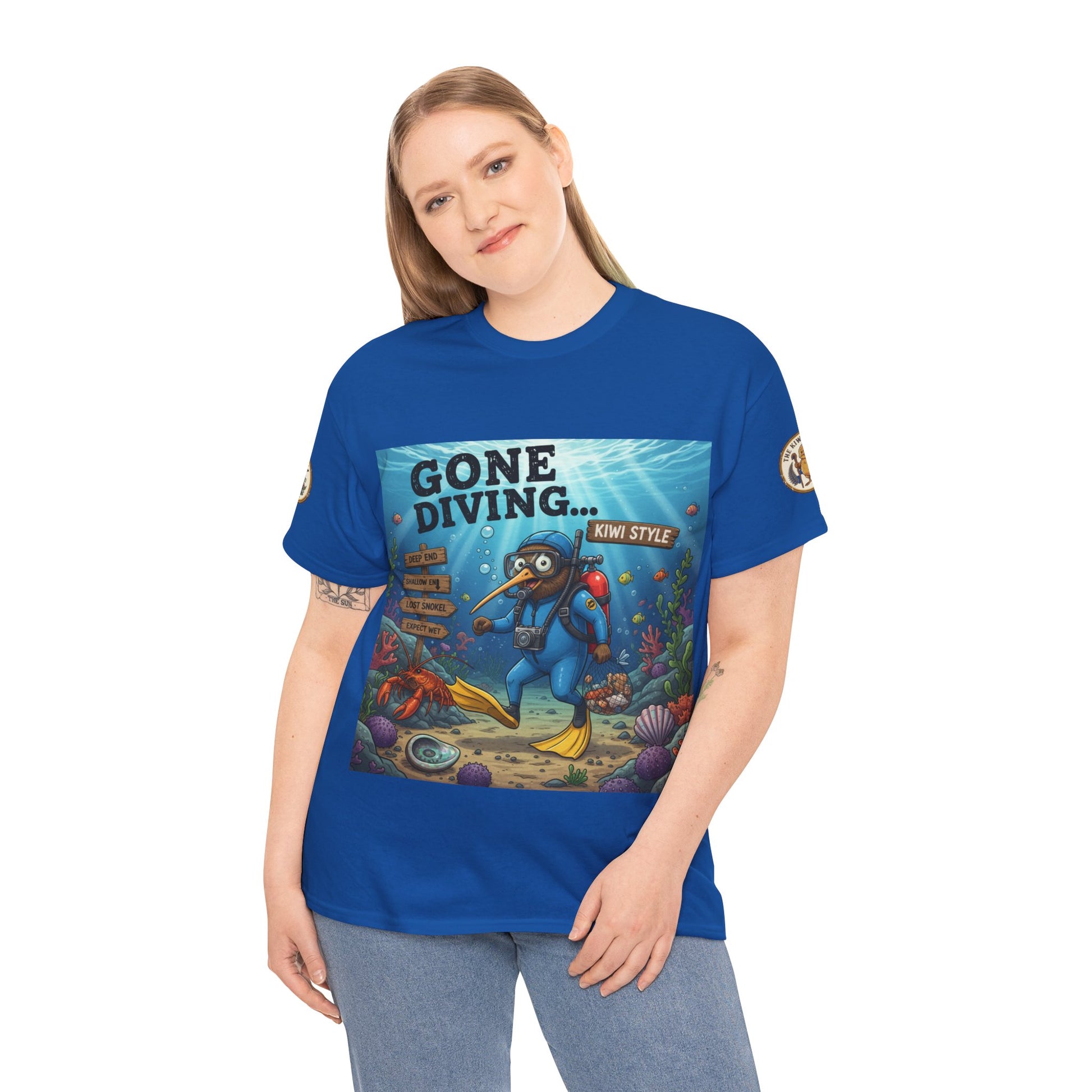 Blue crew-neck graphic t-shirt worn by model with underwater character front graphic
