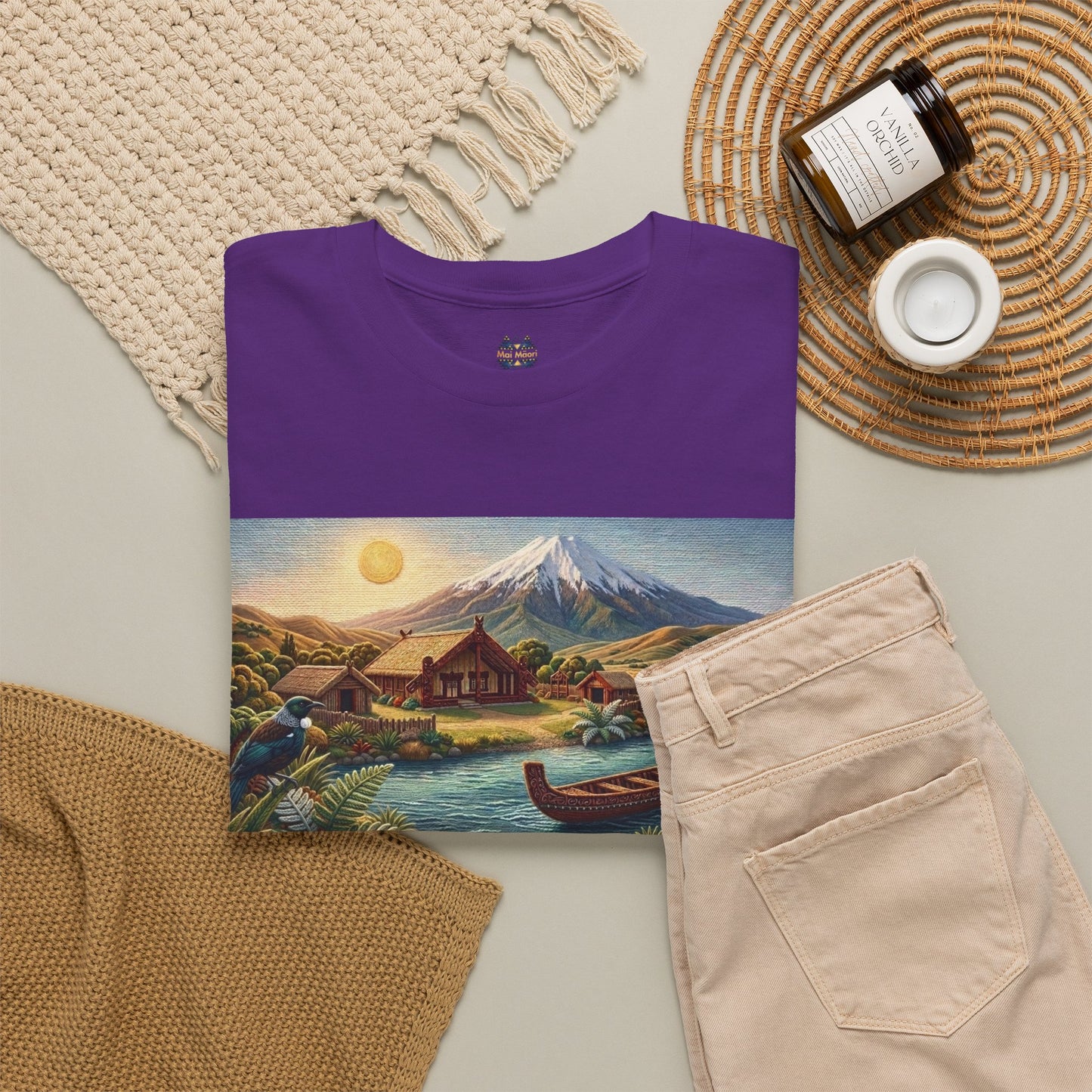 Purple crewneck T-shirt with landscape canoe graphic panel and small chest emblem
