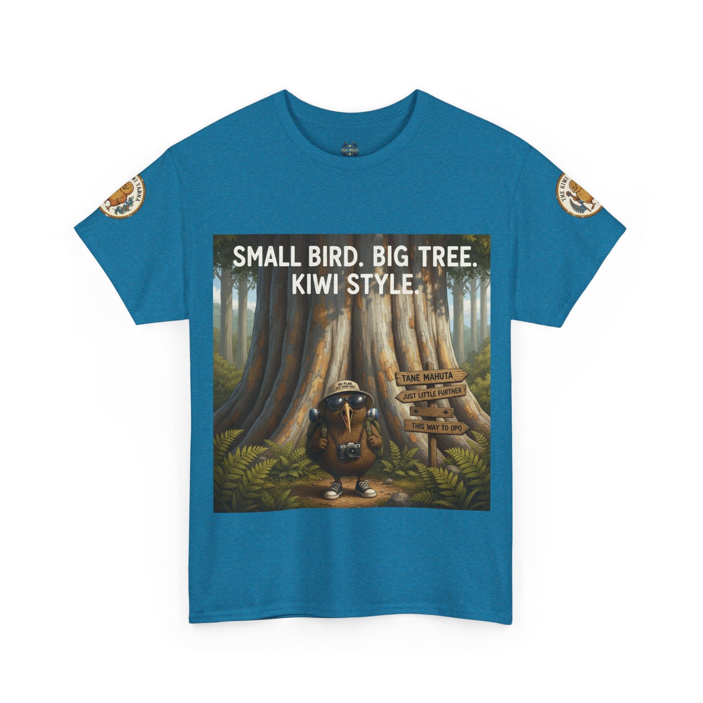 Blue-green graphic T-shirt with bird-and-tree scene print, short sleeves