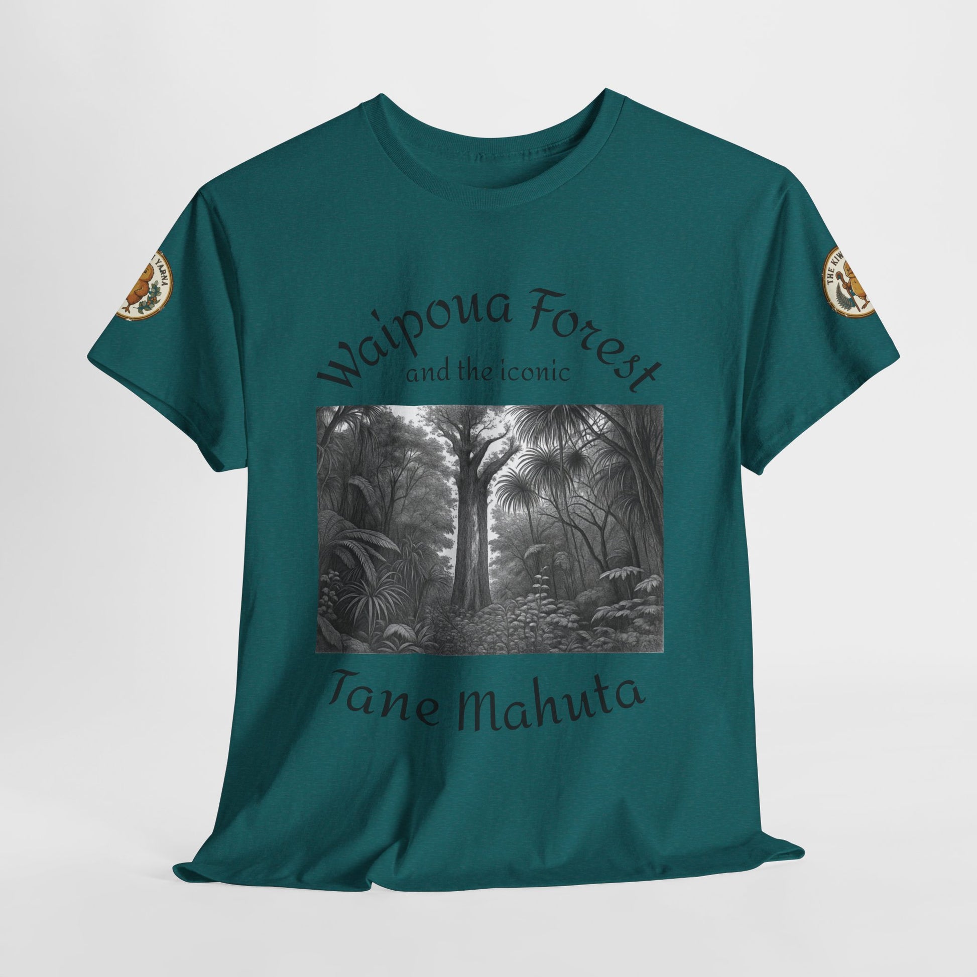 Teal crew-neck T-shirt with Waipoua Forest and Tane Mahuta graphic front panel