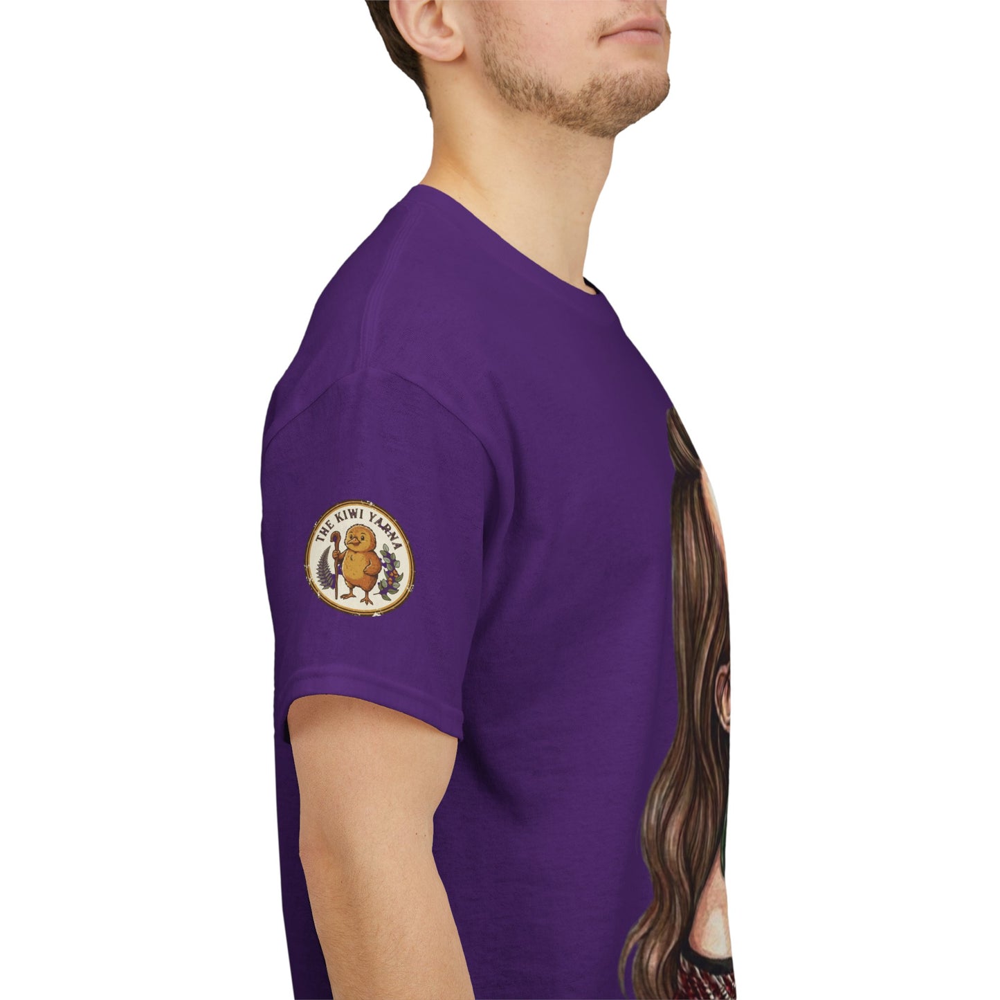 Purple graphic T-shirt side view with circular sleeve logo emblem.