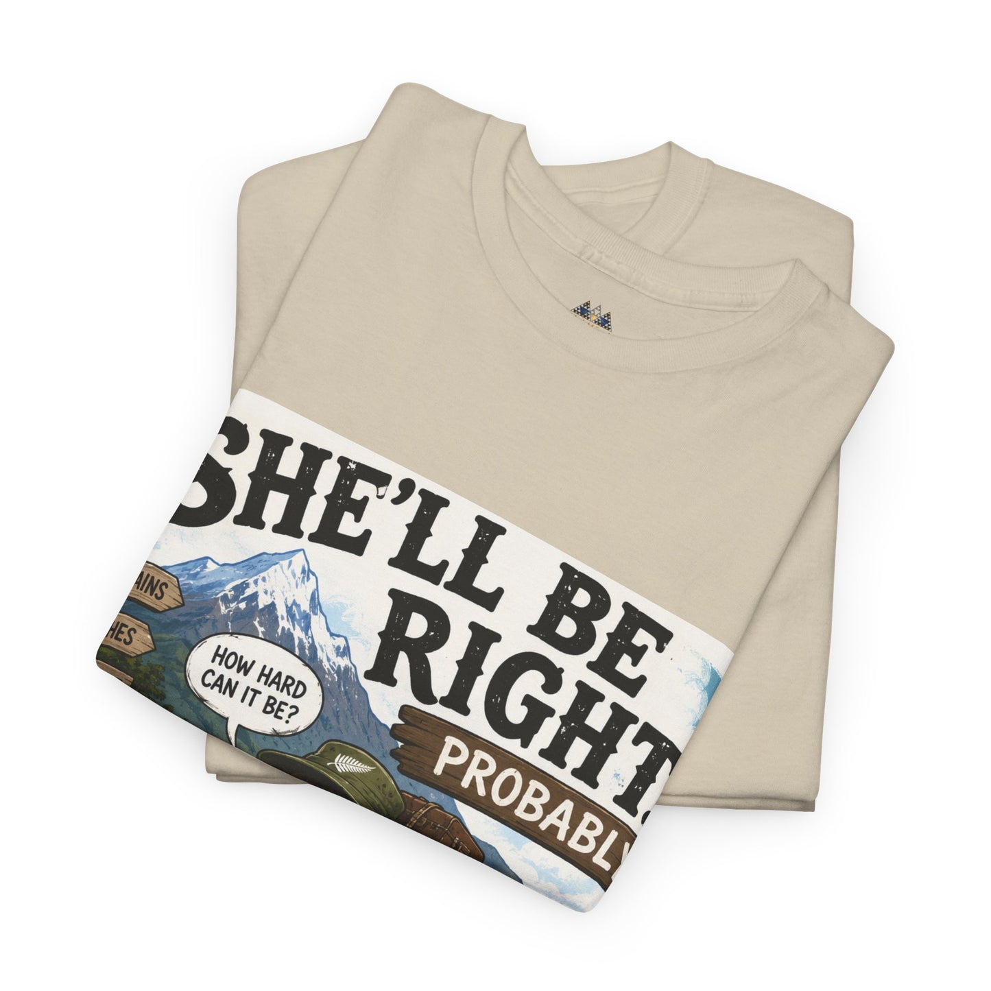 Cream graphic T-shirt stack with large front car and landscape text print