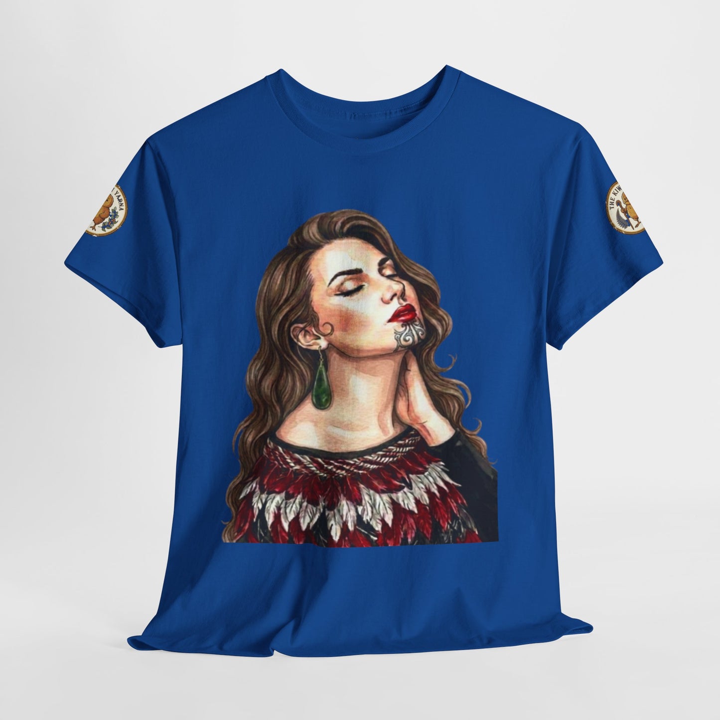Royal blue graphic T-shirt with portrait print and round logo patches on both sleeves.