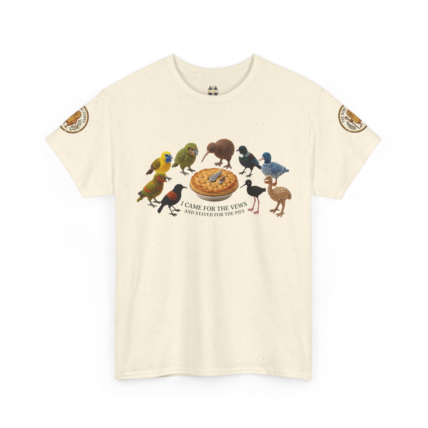 Off-white graphic T-shirt with birds-and-pizza print and round sleeve patches