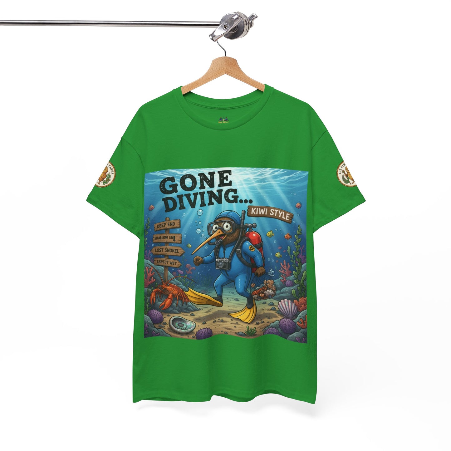 Green T-shirt with ocean diver graphic print; short sleeves and crew neck