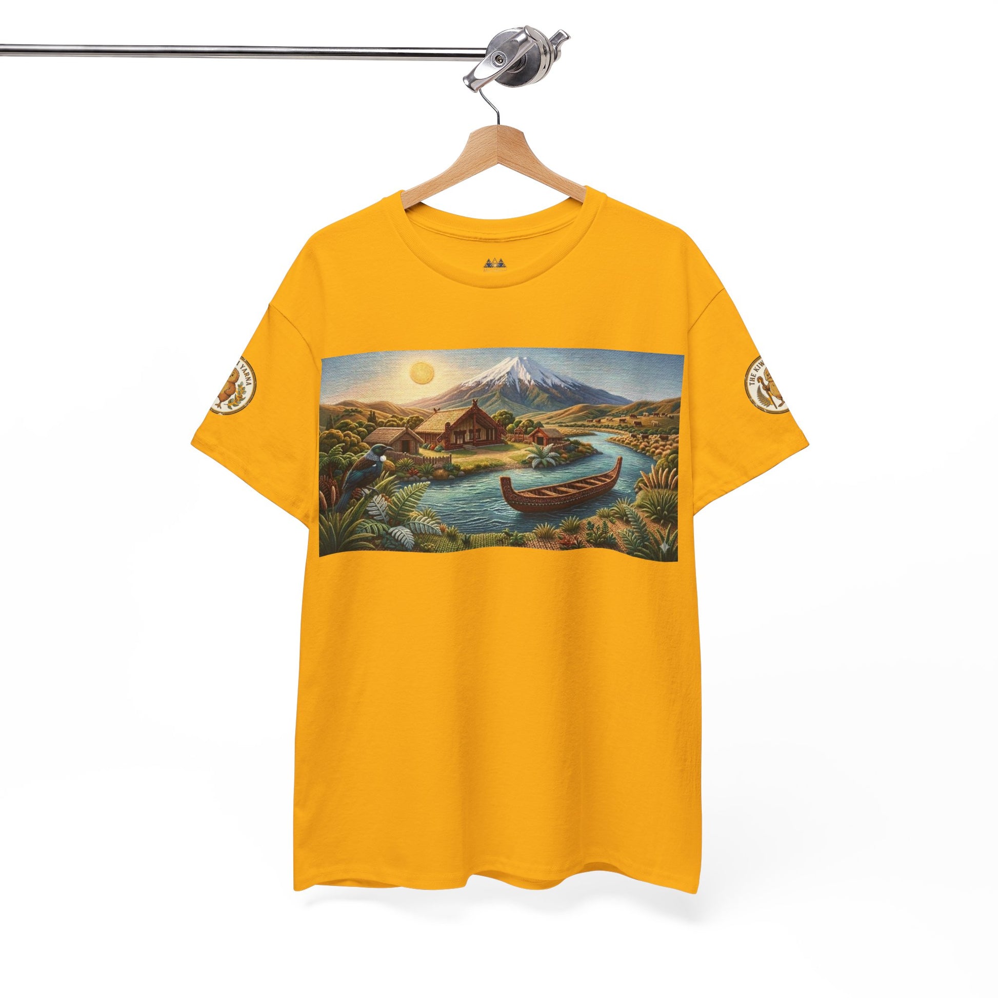 Yellow crewneck graphic T-shirt with landscape boat and mountain print on hanger