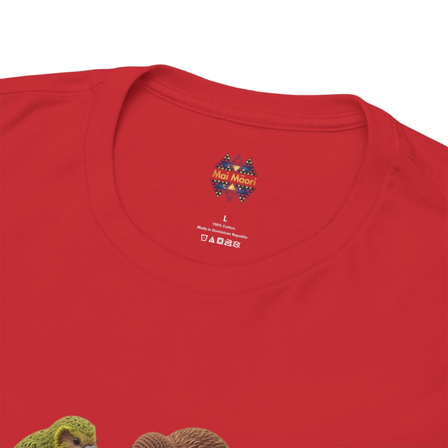 Red crewneck T-shirt with small chest logo and bird graphic visible on front