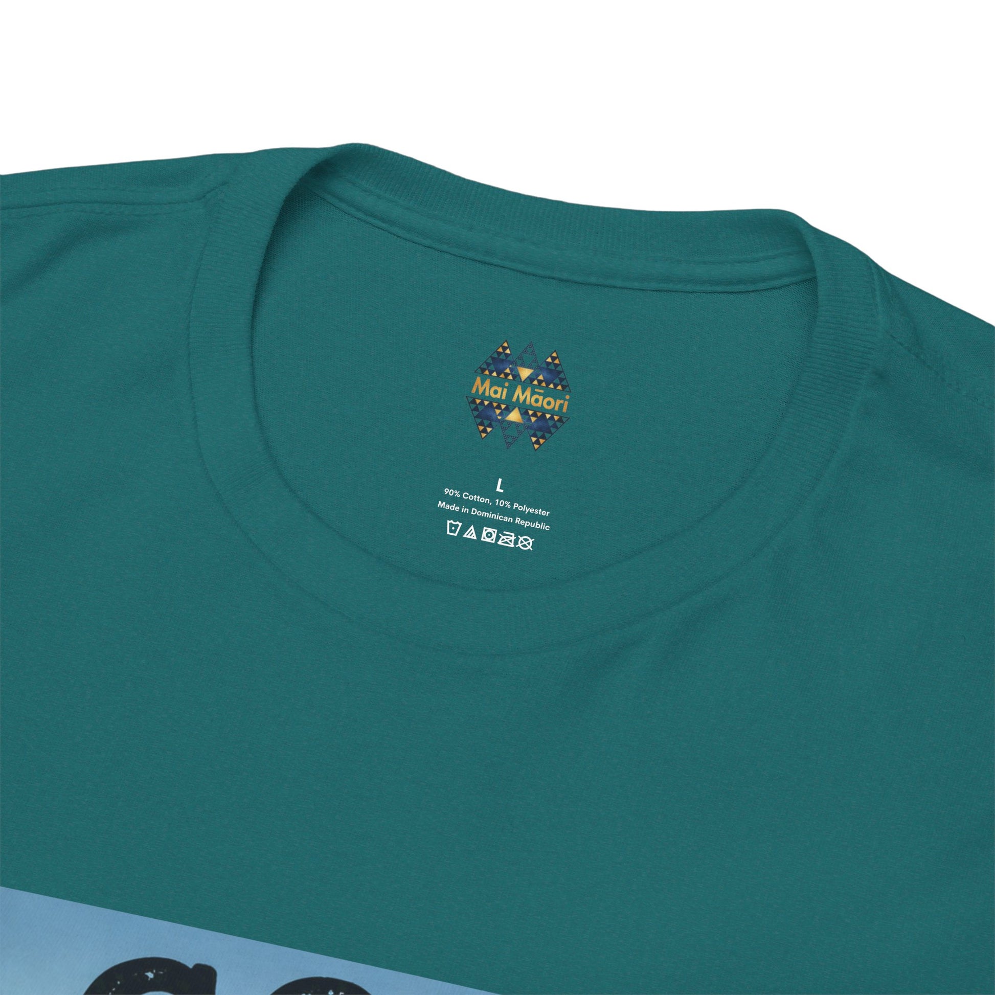Teal crew-neck T-shirt neckline with small logo emblem
