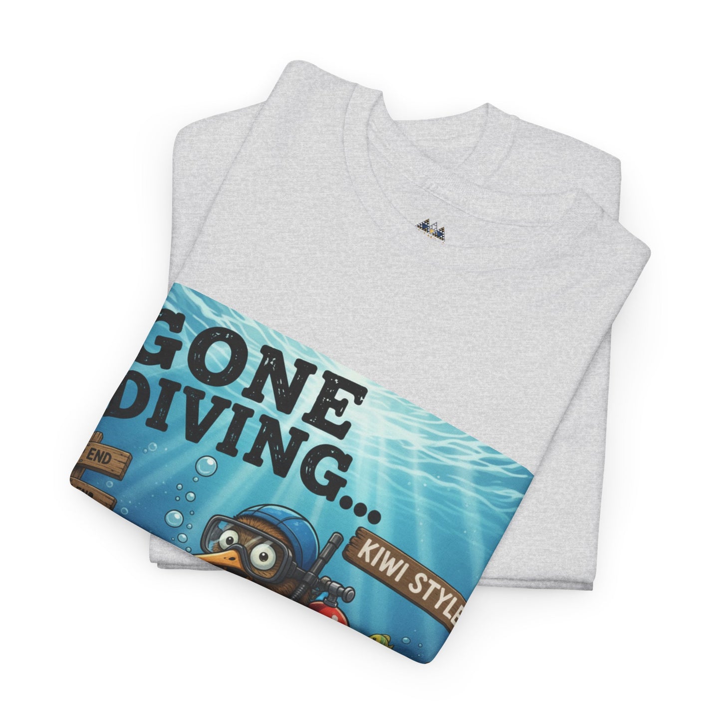 Light gray crew-neck T-shirt with 'Gone Diving... Kiwi Style' graphic band across front