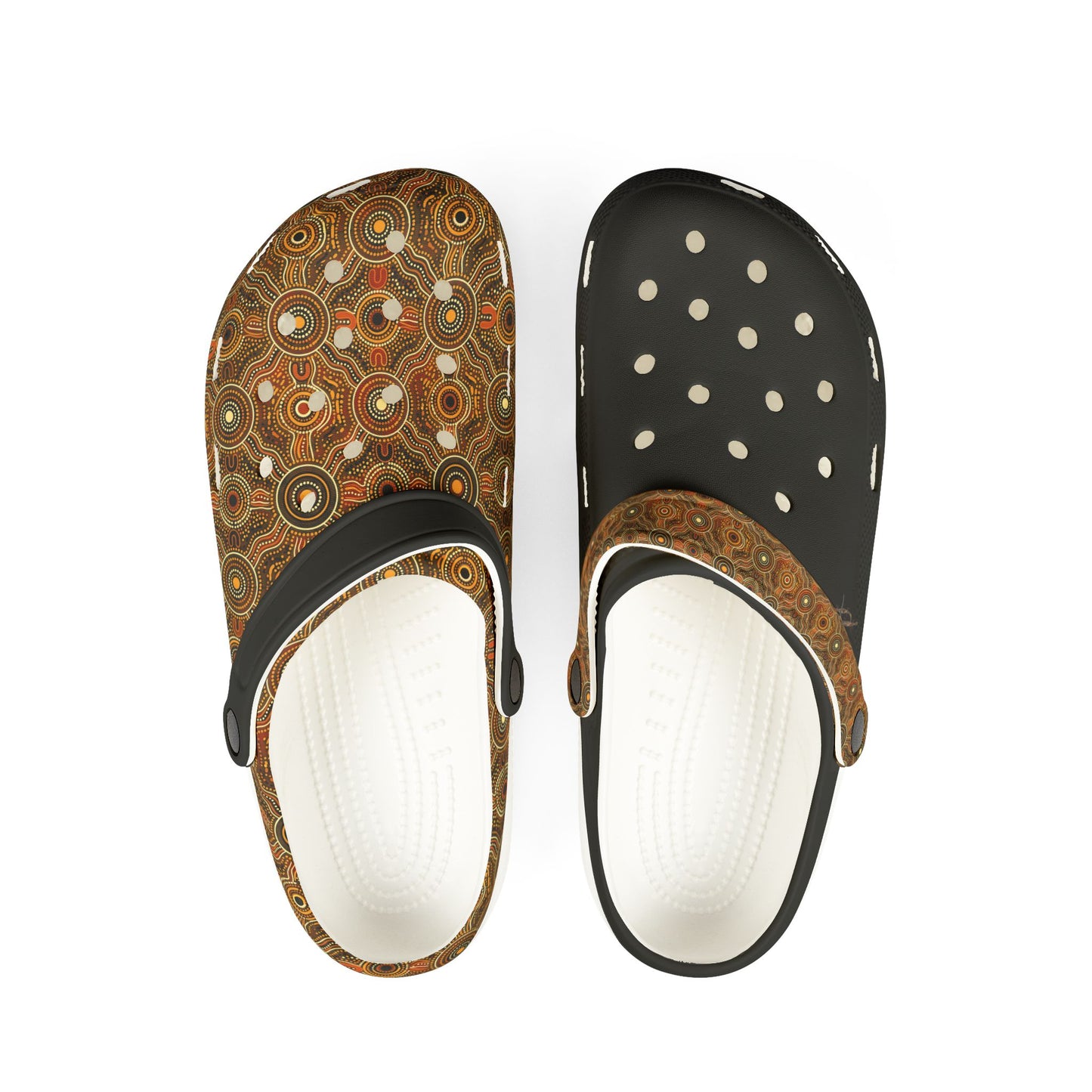 Pair of slip-on clogs, patterned uppers with white footbed lining and black toe