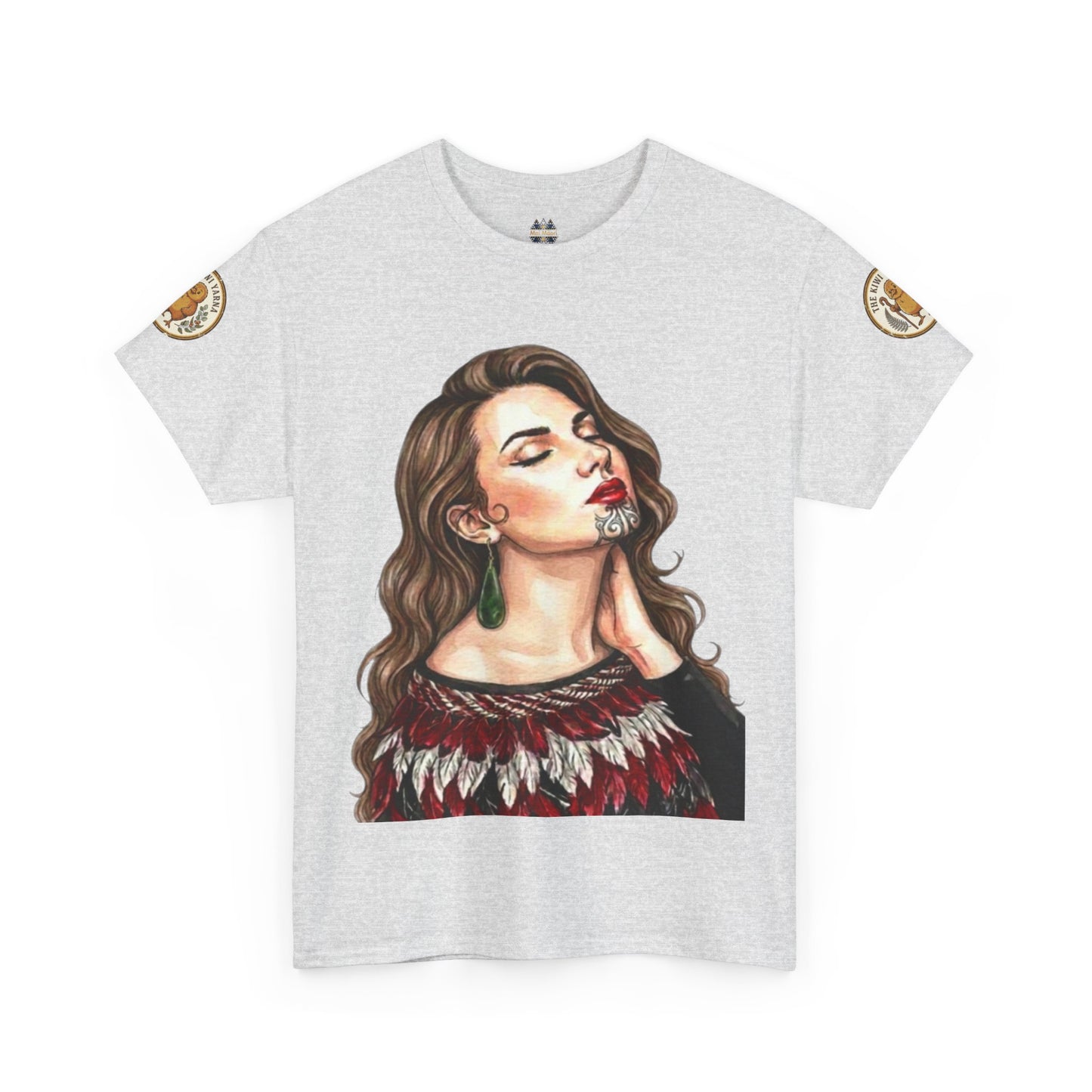 Light gray T-shirt with close-up portrait graphic and gold sleeve patch details.
